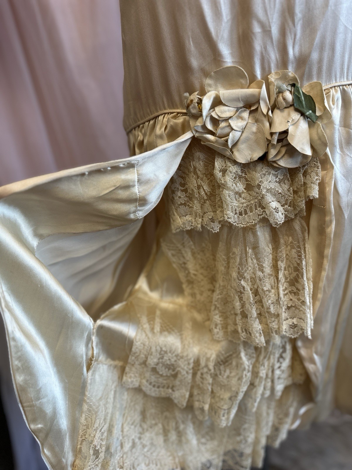 Vintage Antique 20s Flapper Wedding Dress Ivory Lace Drop Waist As Is S