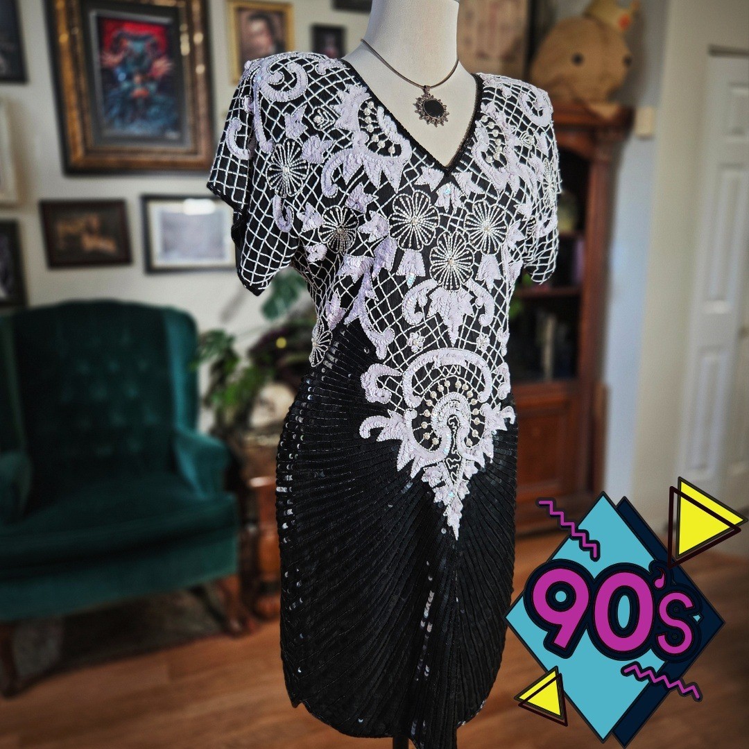 Vintage 90s Stenay 100% Silk Beaded Sequin Cocktail Black Midi Dress Retro
