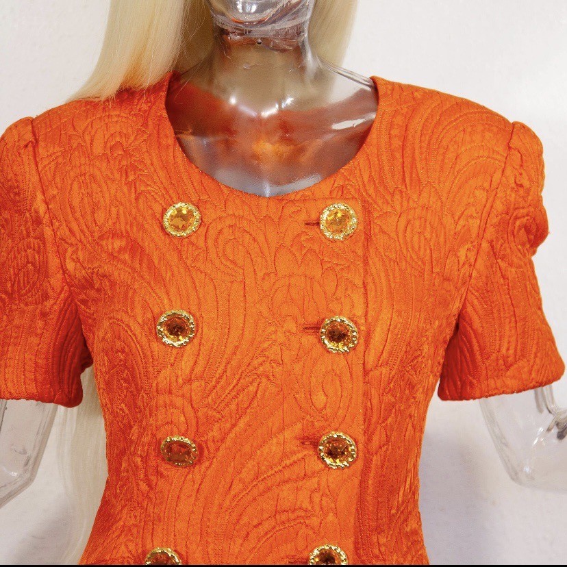 Vintage 1980s Escada Orange Wool Silk Skirt Suit Gold Button Size M UK 12