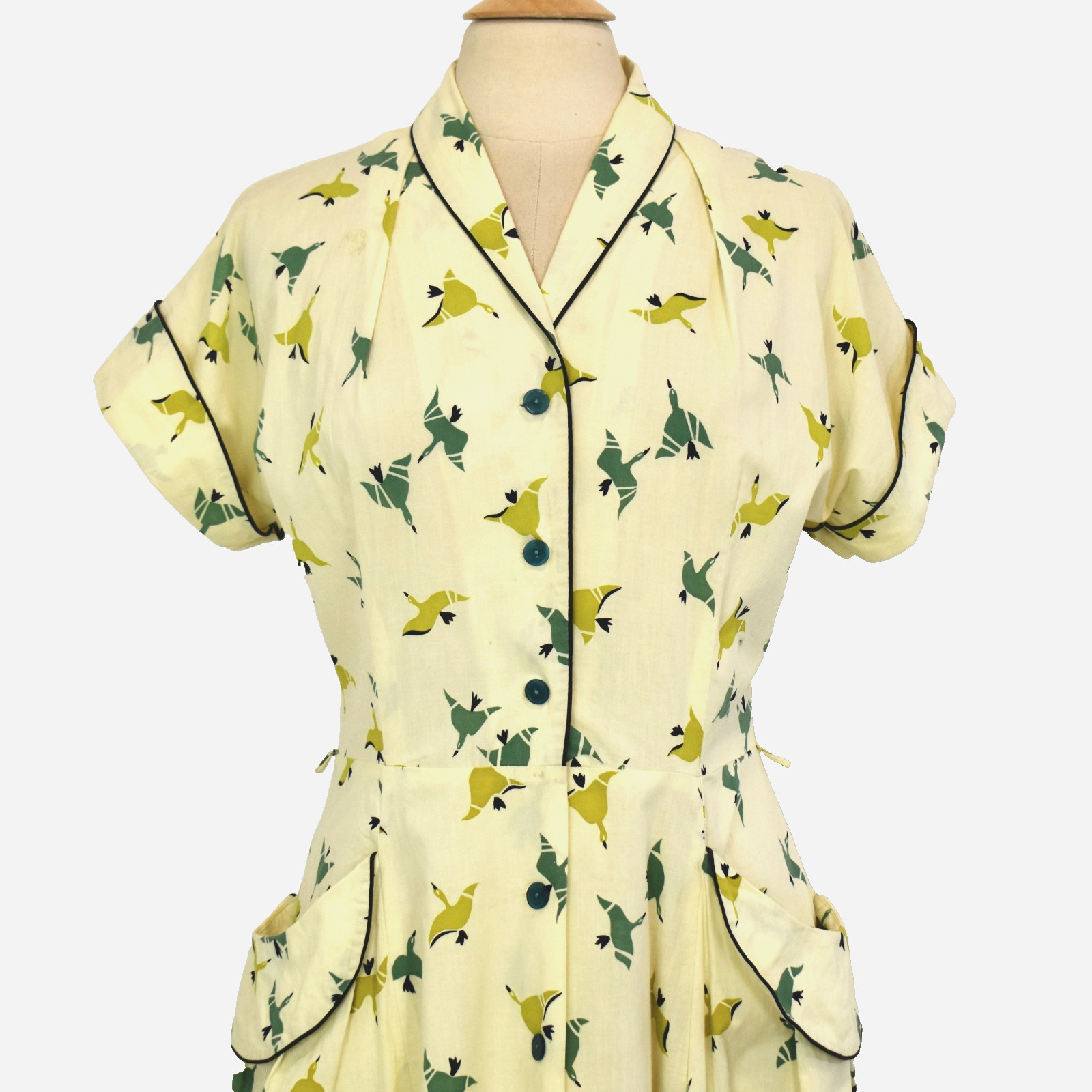 Vtg 40- 50s Day Dress/House Dress Butter Yellow Novelty Bird Print Geese L
