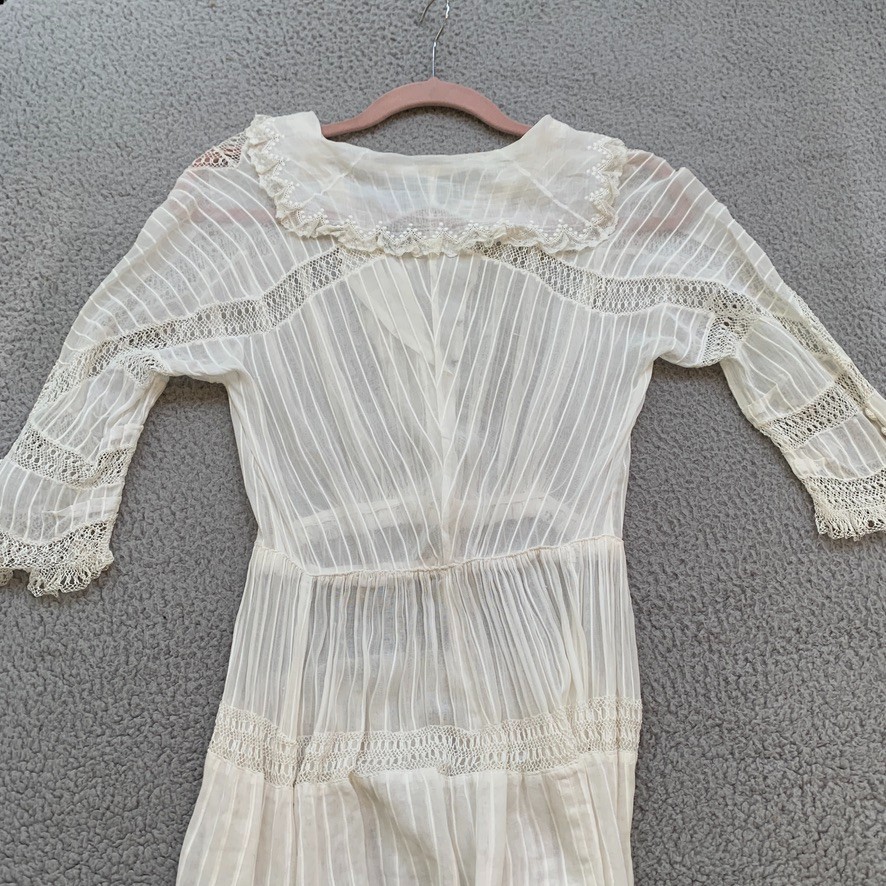 Antique Edwardian White Cotton Dress XXS Crochet Lace Lawn Tea Victorian Sheer