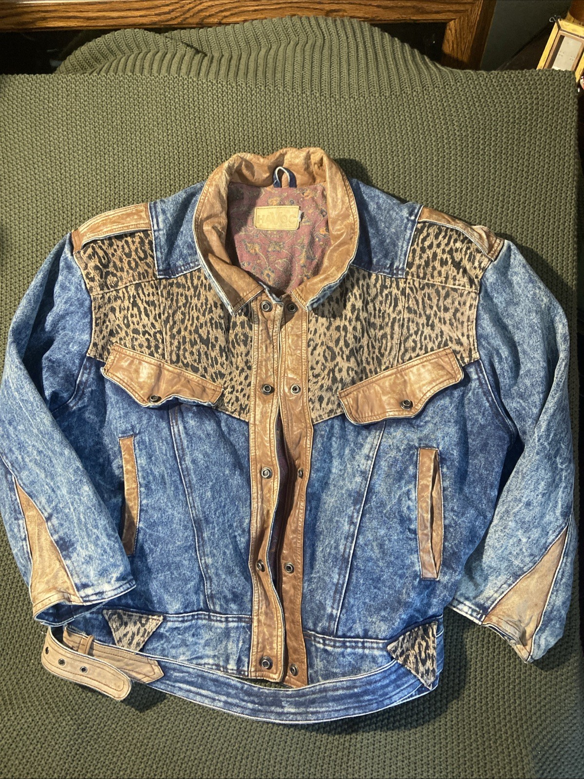 WINLIT Vtg! 80&rsquo;s Acid Wash Denim Animal Print LEATHER Distressed Bomber Jacket L