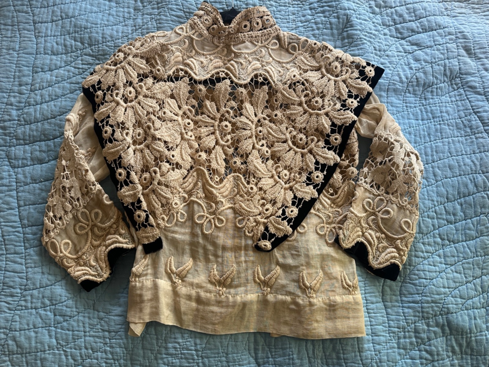 Edwardian Hand Made Irish Crochet Lace and Velvet Blouse Bodice Rare Antique