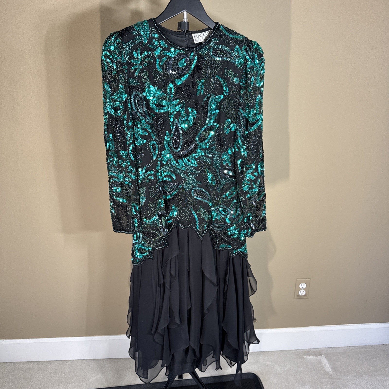 VTG Oleg Cassini Black tie Women&rsquo;s Dress Black Teal Green Beaded Sequin Dress 6