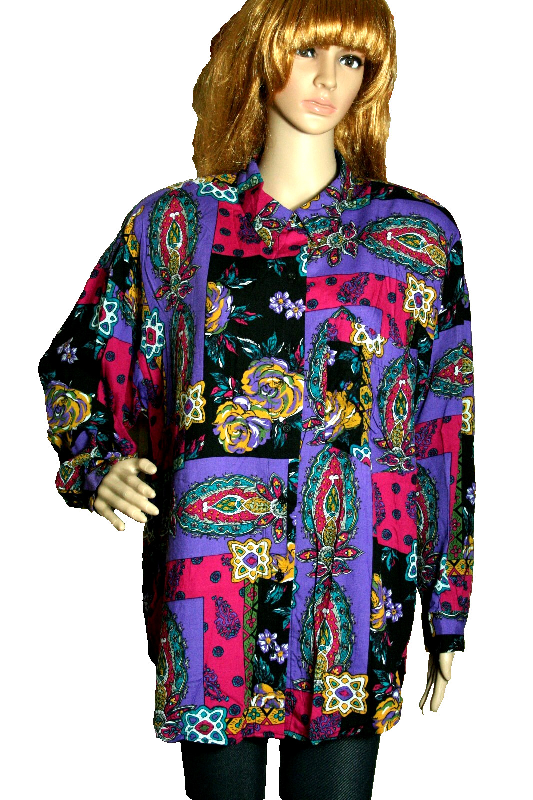 Moda Internazionale Top Long Sleeve Multi Color Patterned Button Up Sz 18/20