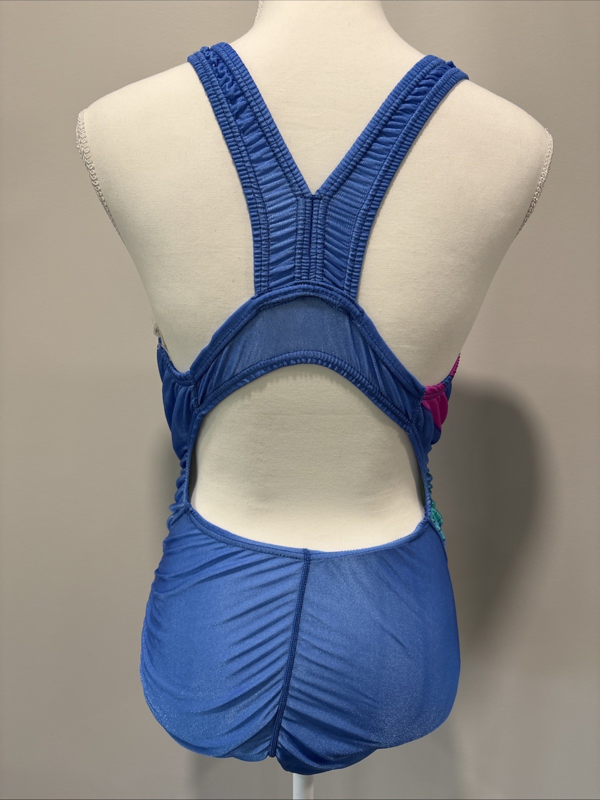 Vintage 90&rsquo;S SPEEDO Womens 14 38 Blue Vaporwave Rainbow Racerback USA Antron
