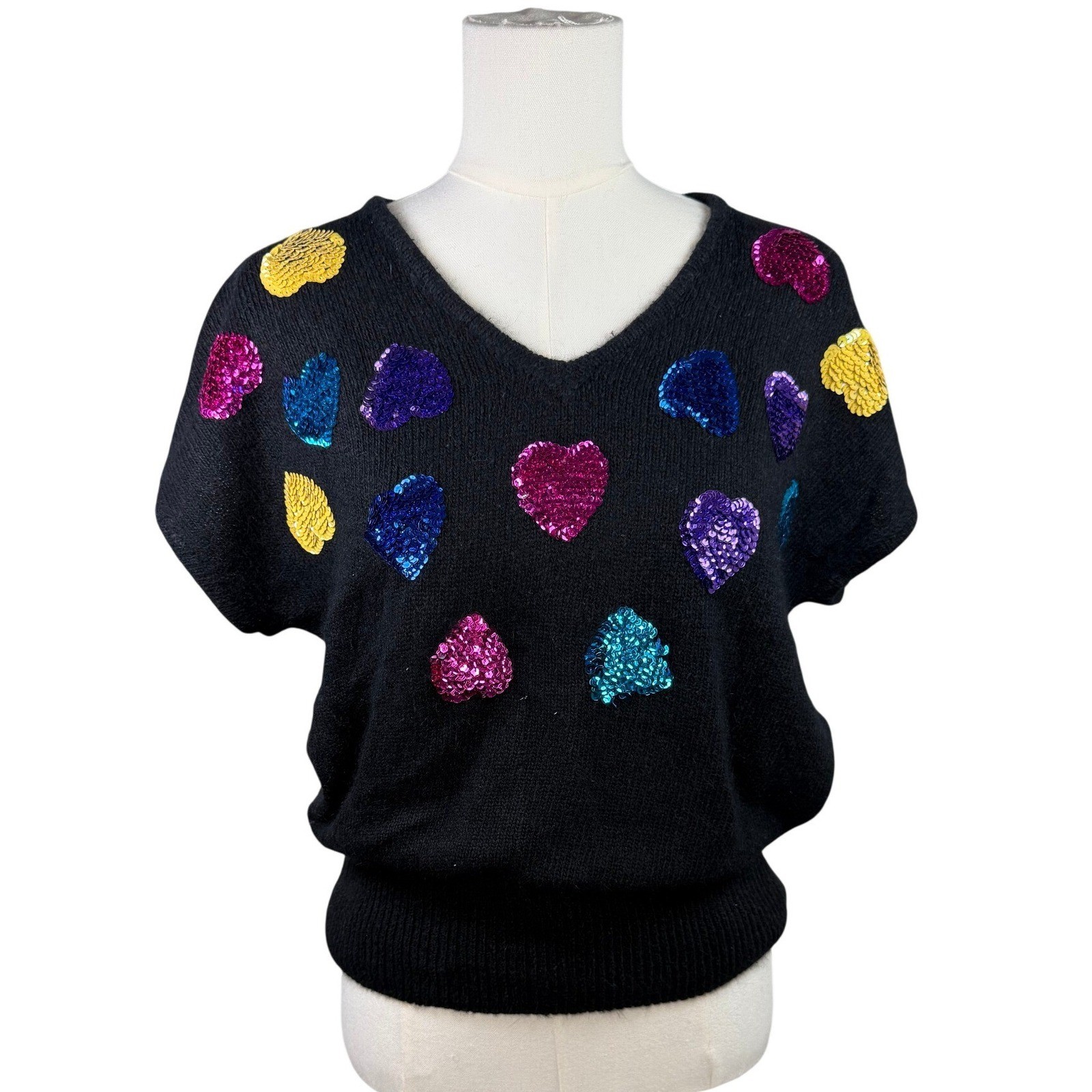 Vintage Rafferty Silk Angora Sequin Heart Sweater Black V-Neck Short Sleeve L