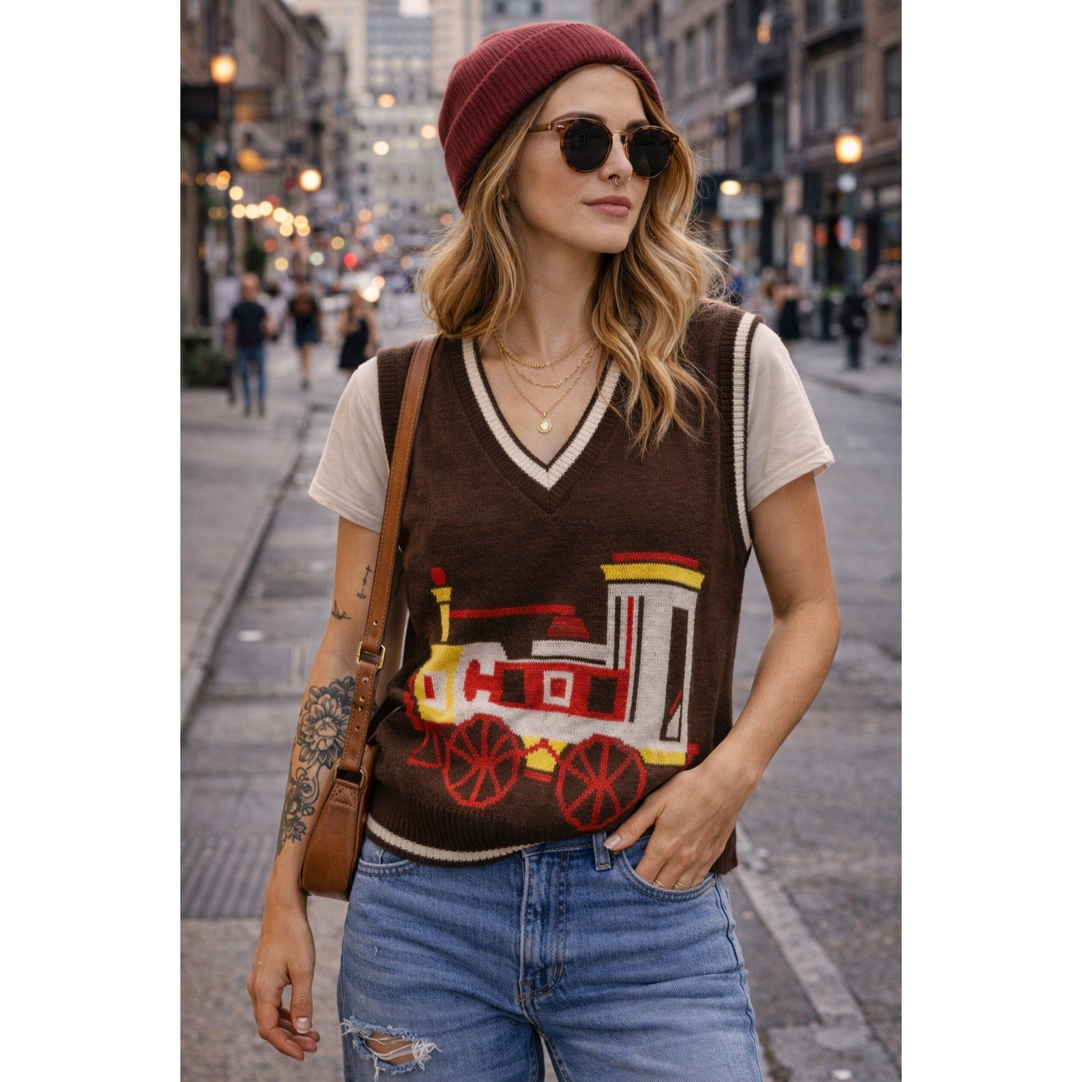 Vintage Ship n Shore Inner Visions Brown Train Graphic Sweater Vest Small 70s
