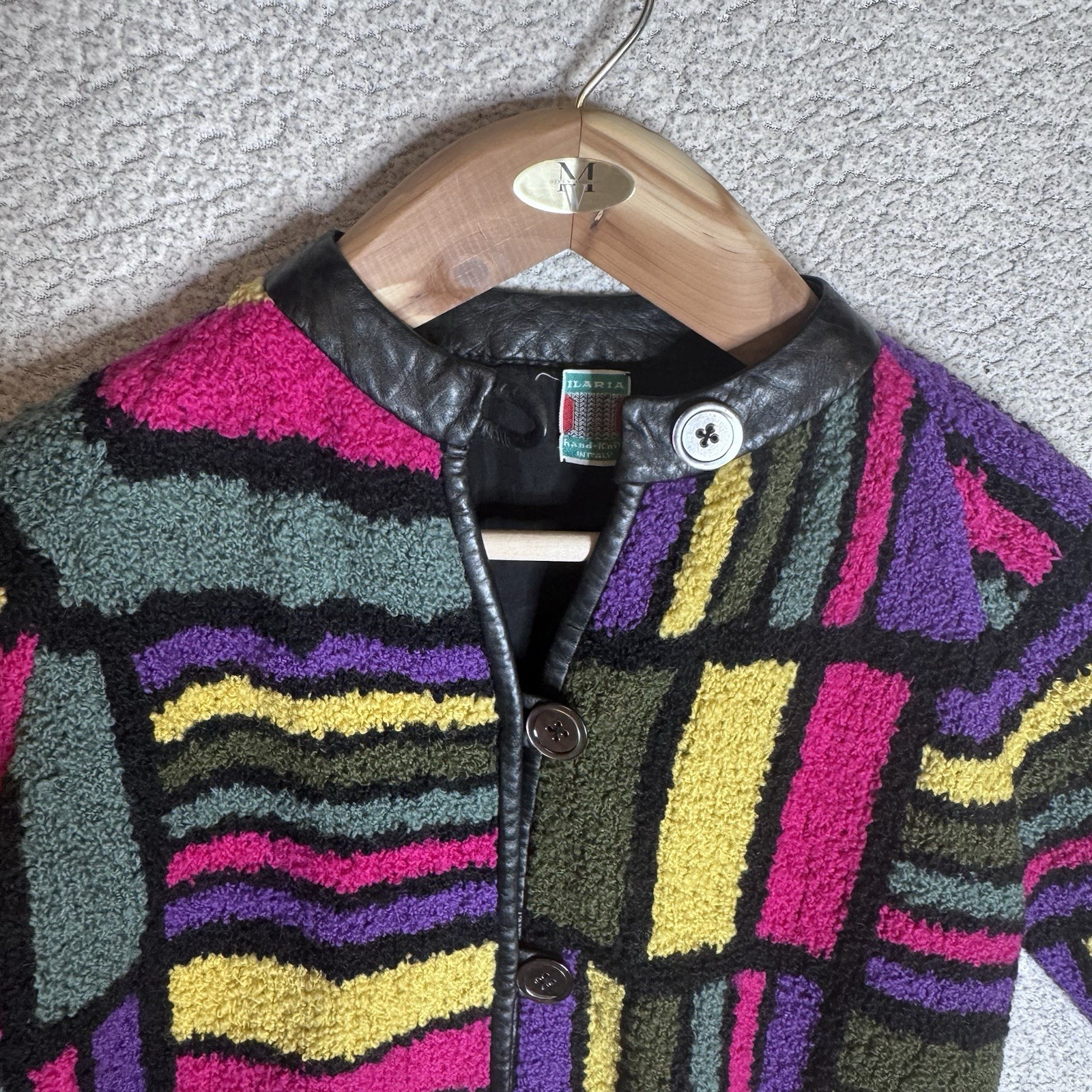60’s Ilaria Technicolor Colorblock Geometric cardigan sweater Leather Trim