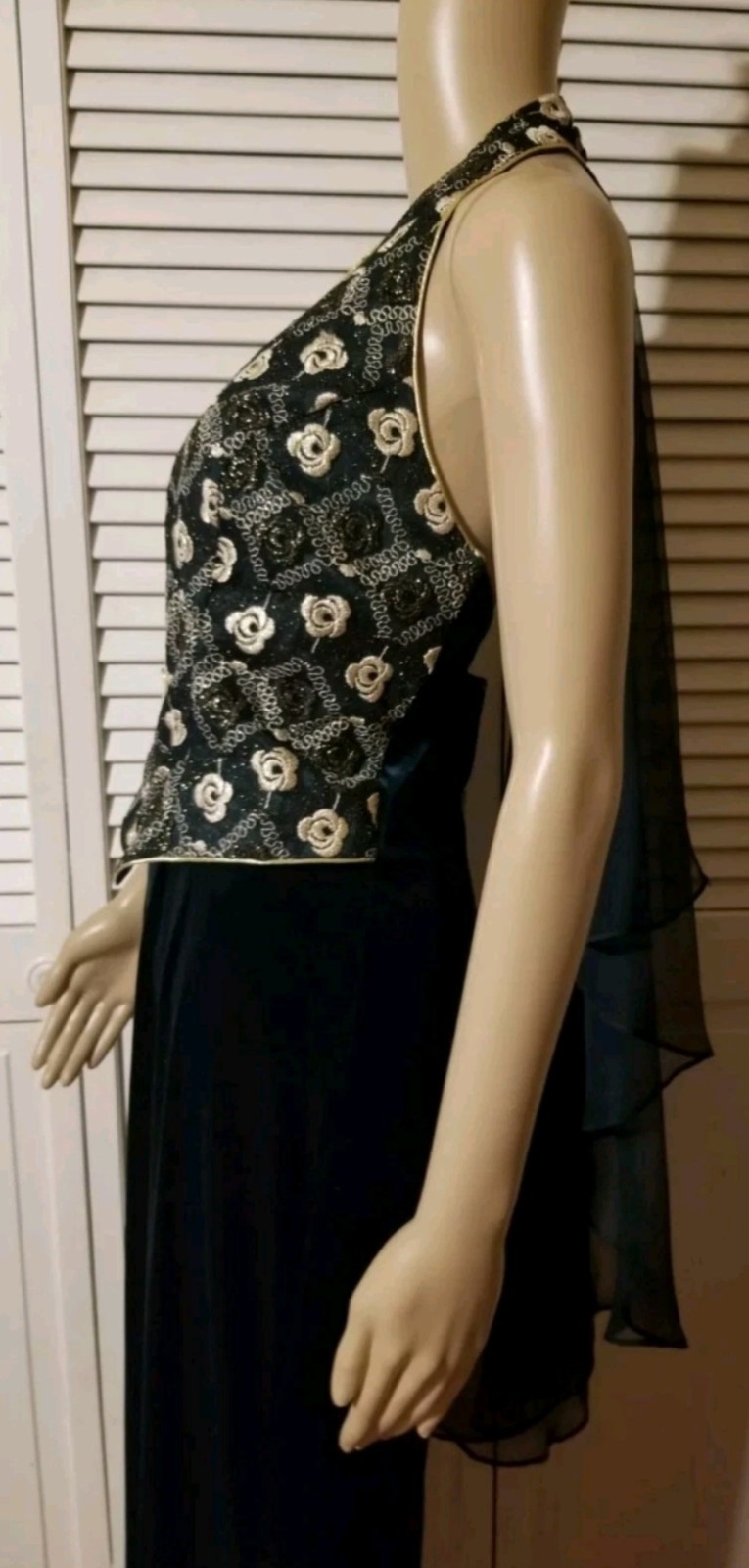 Vintage Aspeed Size Medium Formal Dress Green Velvet Gold Embroidered Sleeveless