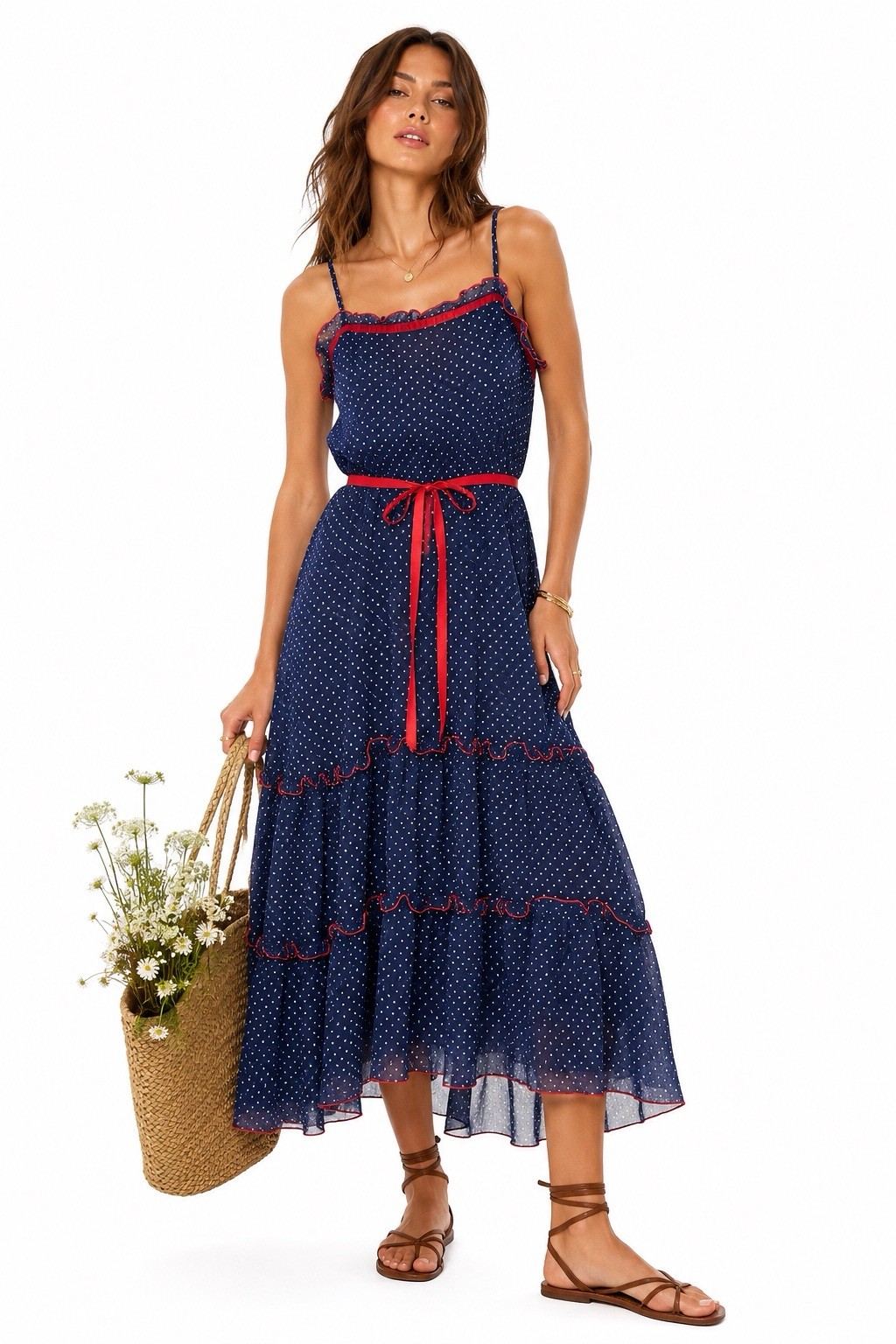 vintage 70s POLKA DOT MIDI DRESS sundress blue XXS americana usa tradwife ruffle