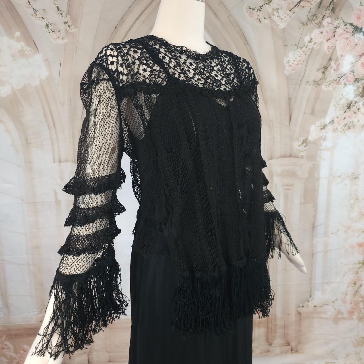 Black Crochet Lace Blouse Fringe Tassels Antique Victorian Edwardian Top Shirt