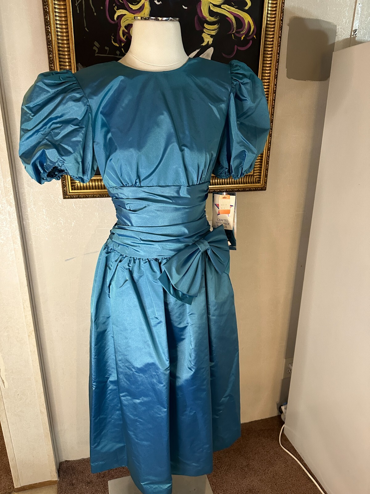 Vtg NOS 80s Melissa Blue Dress Handmade Puffy Sleeve Made In USA Sz 8
