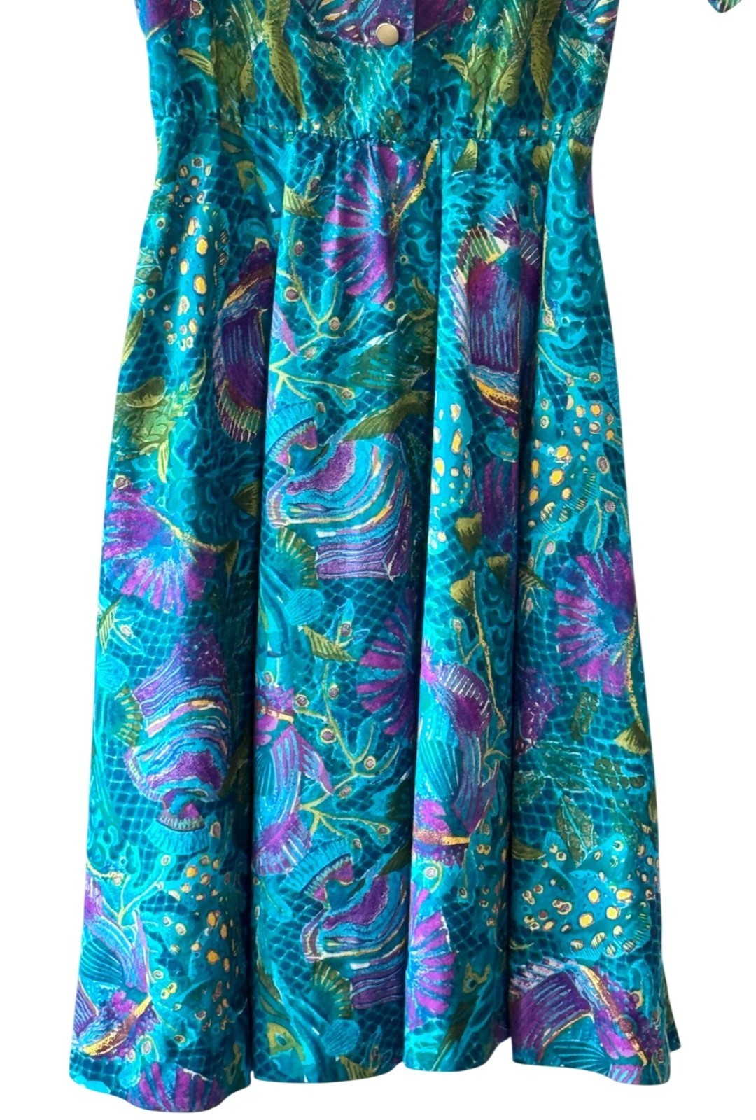 Vintage 80s Melissa Teal Abstract Tropical Print Midi Dress Pockets – Modern Lar