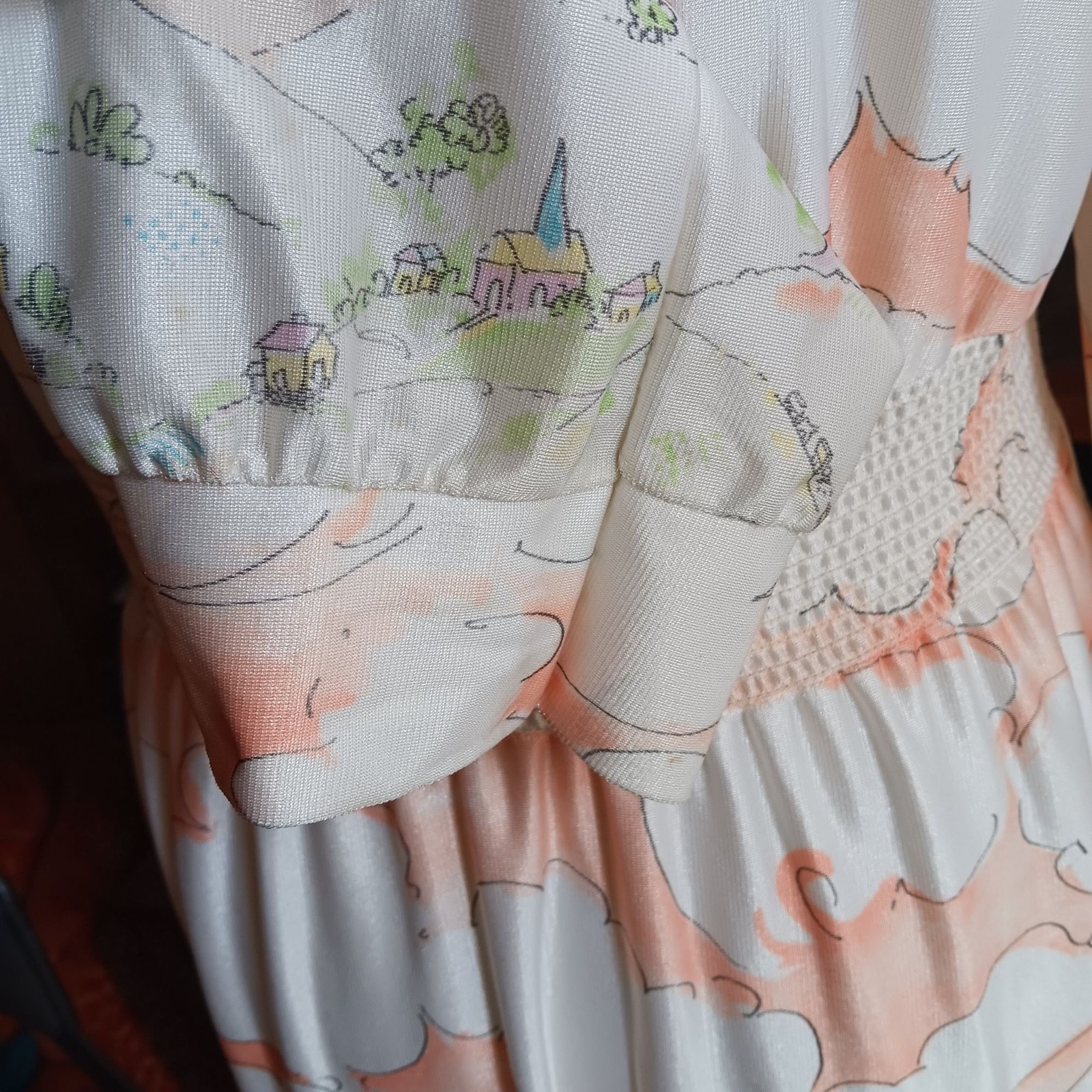 True Vintage Boho Large Maxi Dress Disco Pastel Scenic Print 1970&rsquo;s Sears 38-40