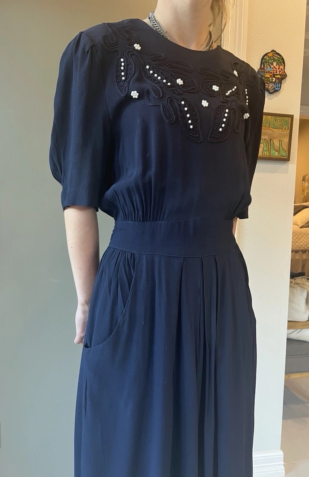 VTG 80’s Does 40’s R&K Originals Navy Rayon Dress w Soutache Trim & Pearls SM