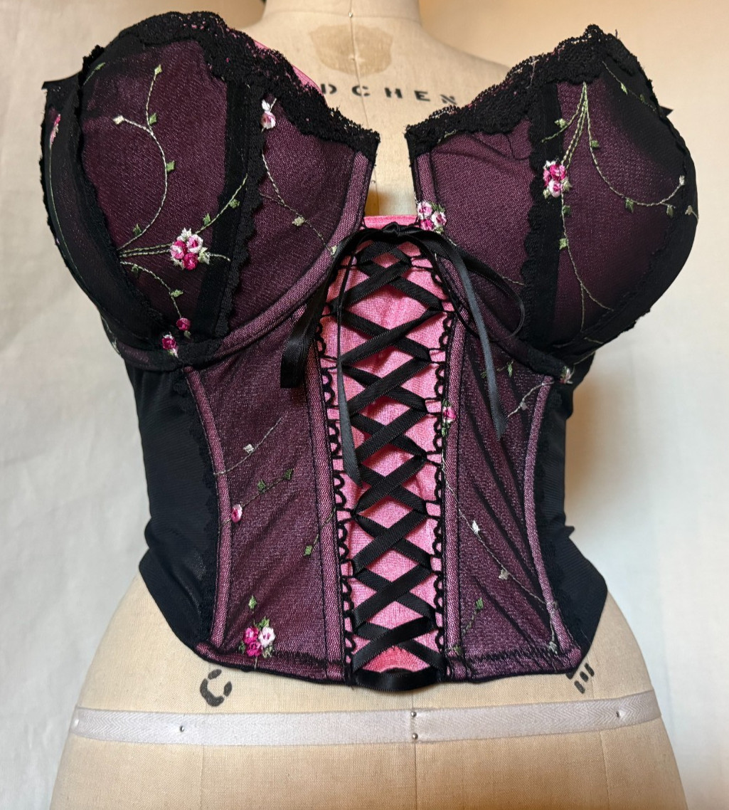 LACE FRONT CORSET BUSTIER « ENCHANTED » SHEER BLACK NYLON w EMBROIDERED CUPS 42DD