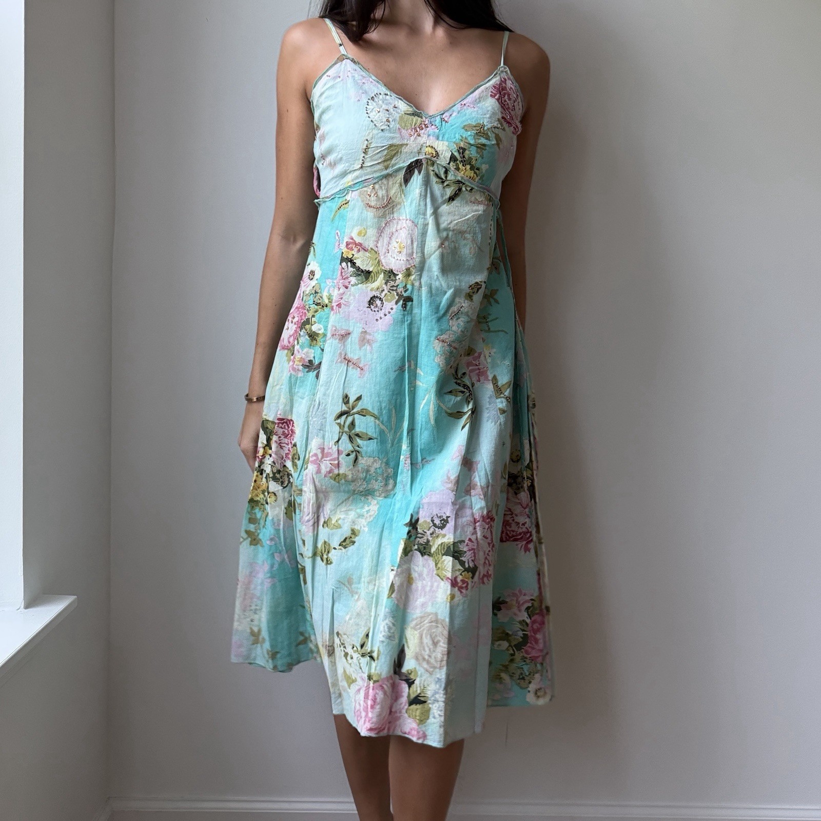 Vintage René Derhy Floral Aqua Fairy Dress Beaded Embellished Cottagecore Y2K