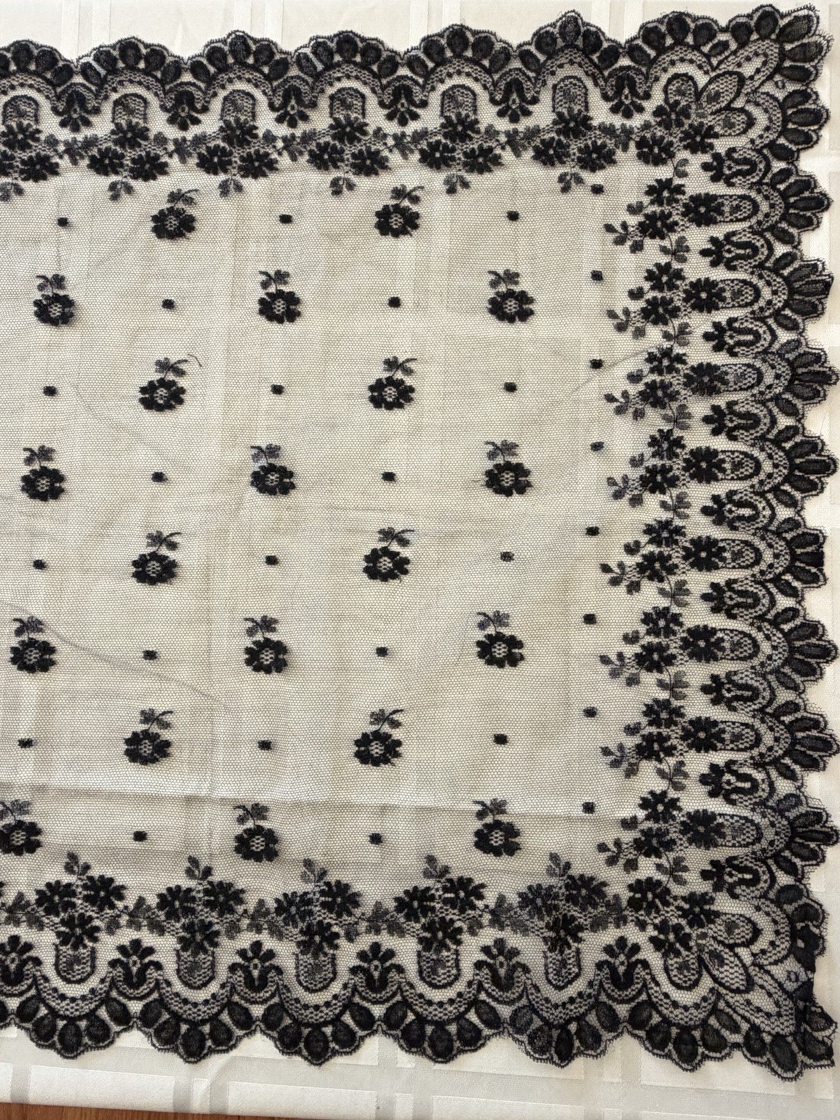 Early 1900s Black Embroidered Silk Chantilly Lace Scarf Table Runner Shawl 20×46