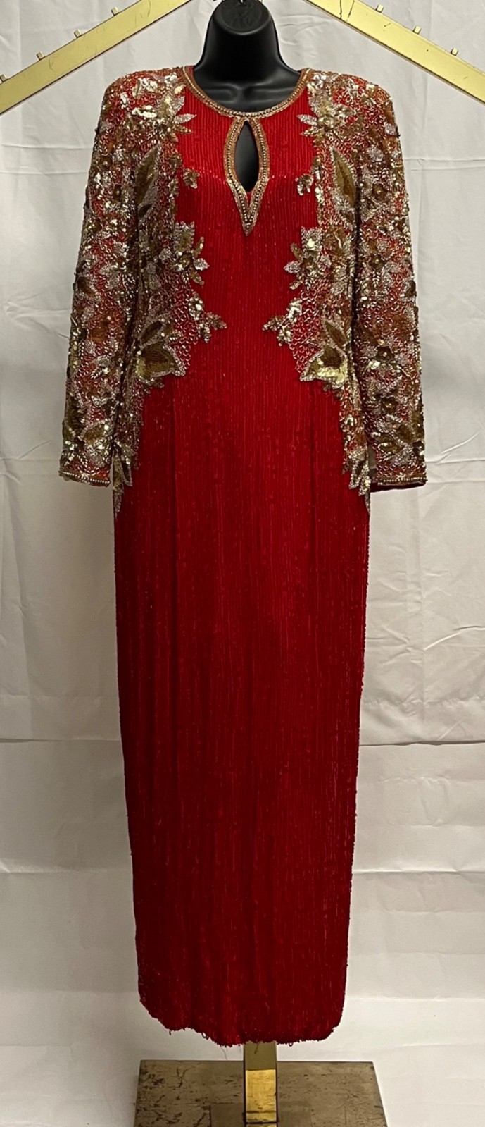 VTG Blacktie Oleg Cassini Red Golden beaded sequined long Gown Size 12