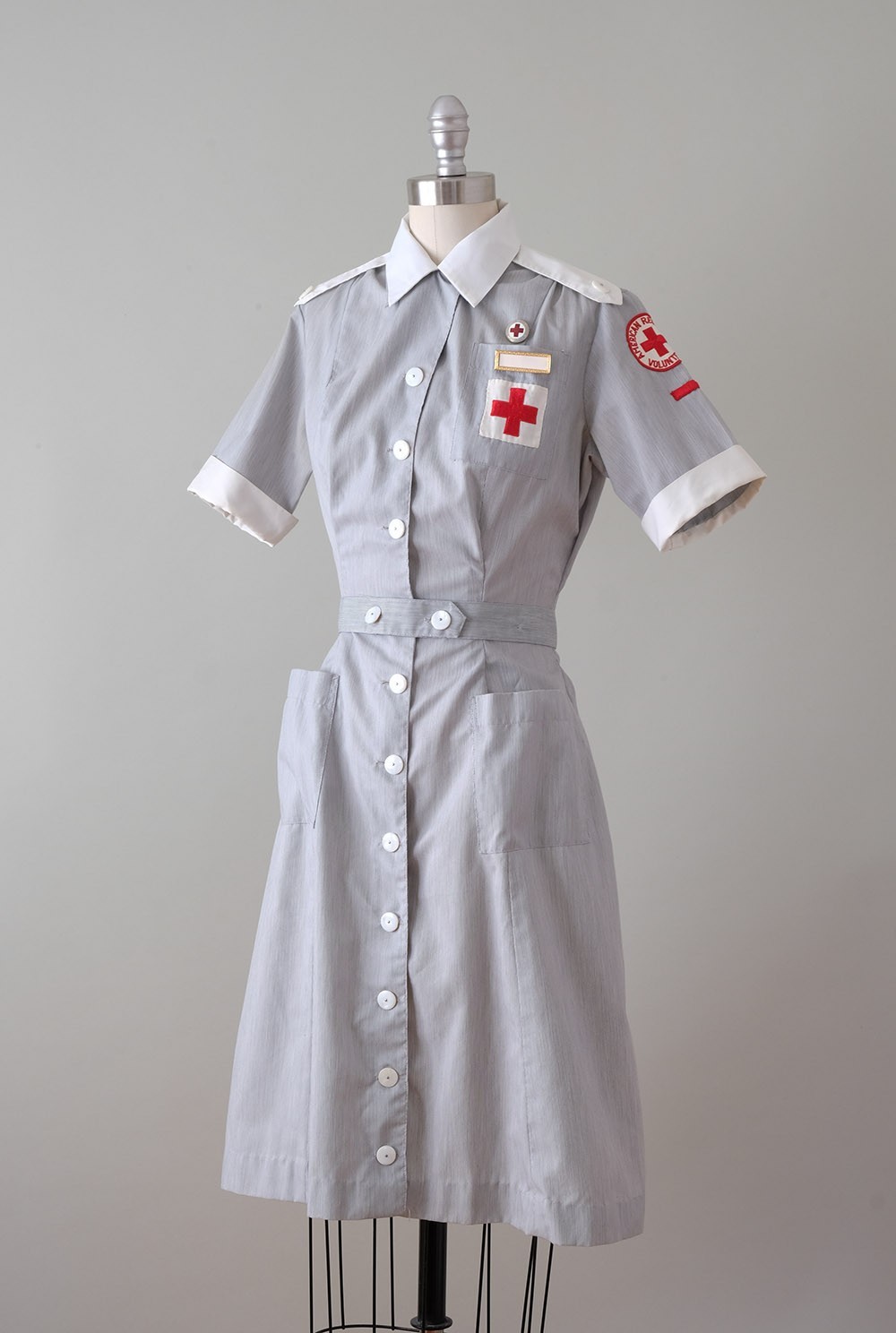 Vintage Post-WWII Red Cross Uniform Dress + Hat, Pins, Collars, and Name Plate