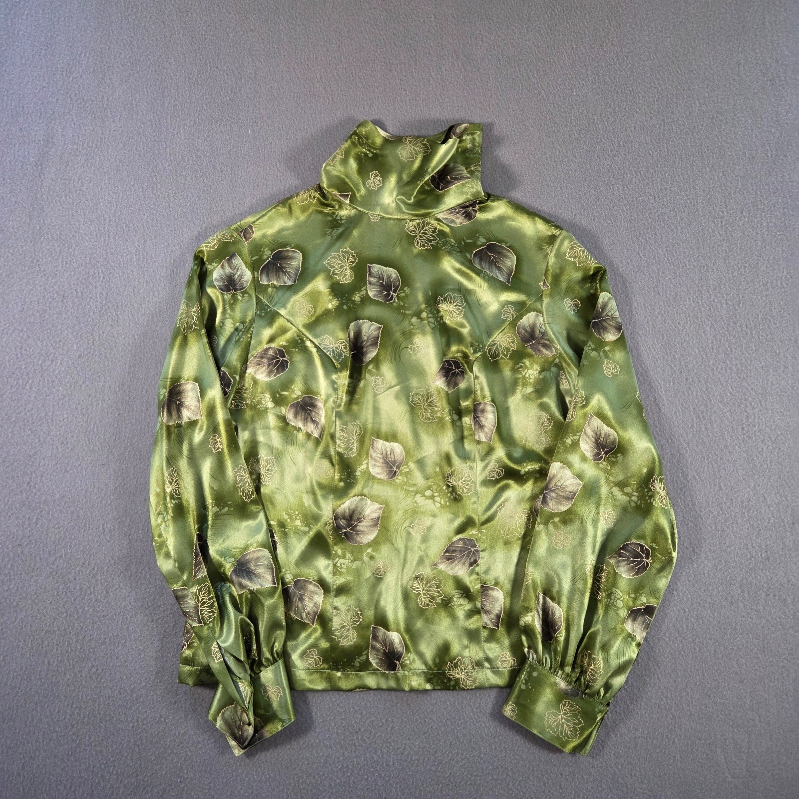 Vintage Satin Blouse Womens Medium Green Leaf Print High Neck Silky 80s
