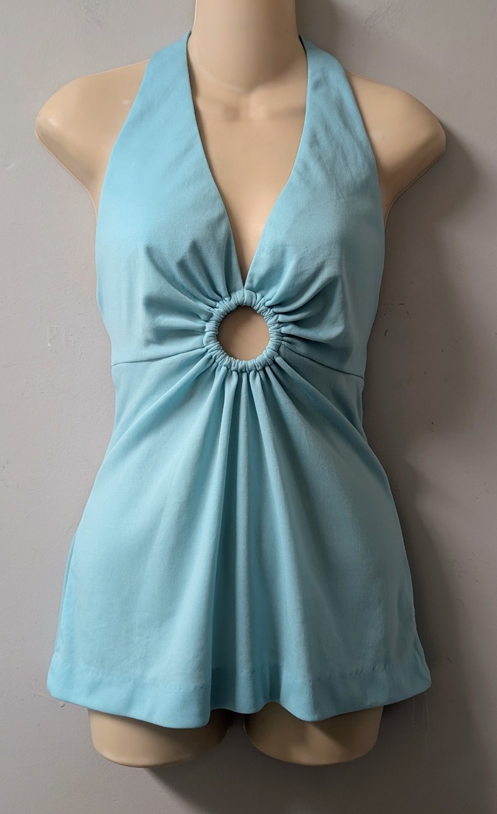 Vintage 70&rsquo;s Aqua O-Ring Polyester Halter Top Lot Tag Hippie