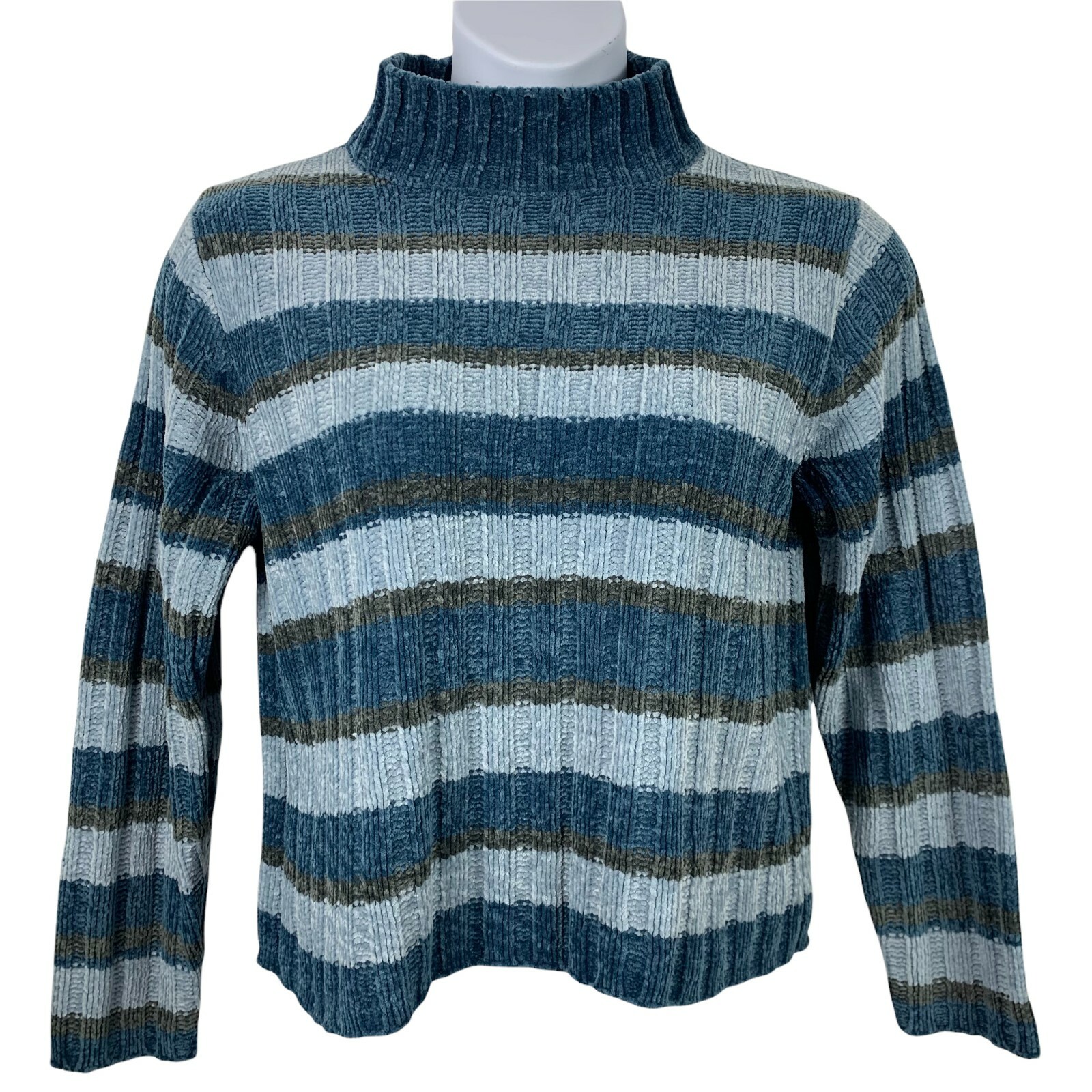 Vintage Sweater Size PS Chenille Reference Point Blue Striped Mock Neck Pullover