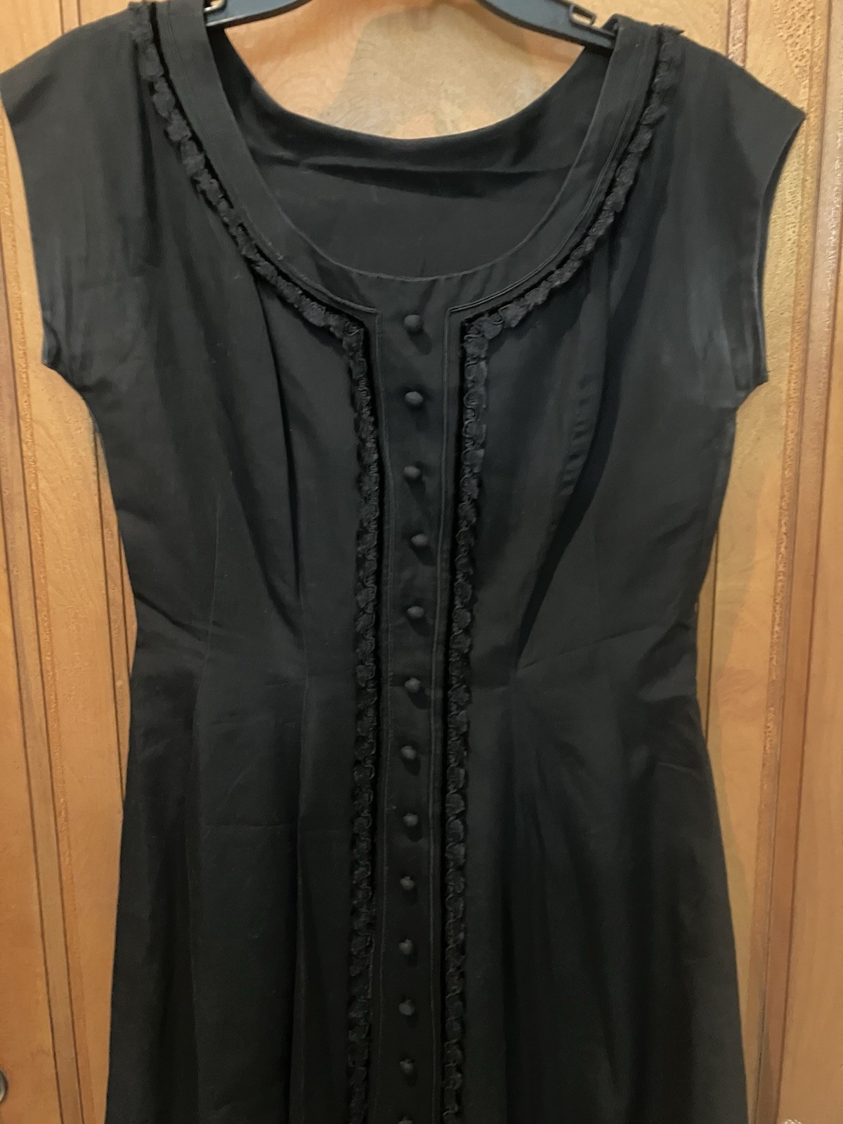 Vtg Beautiful Handmade Black Tailored Dress Covered Buttons Lace 50’s