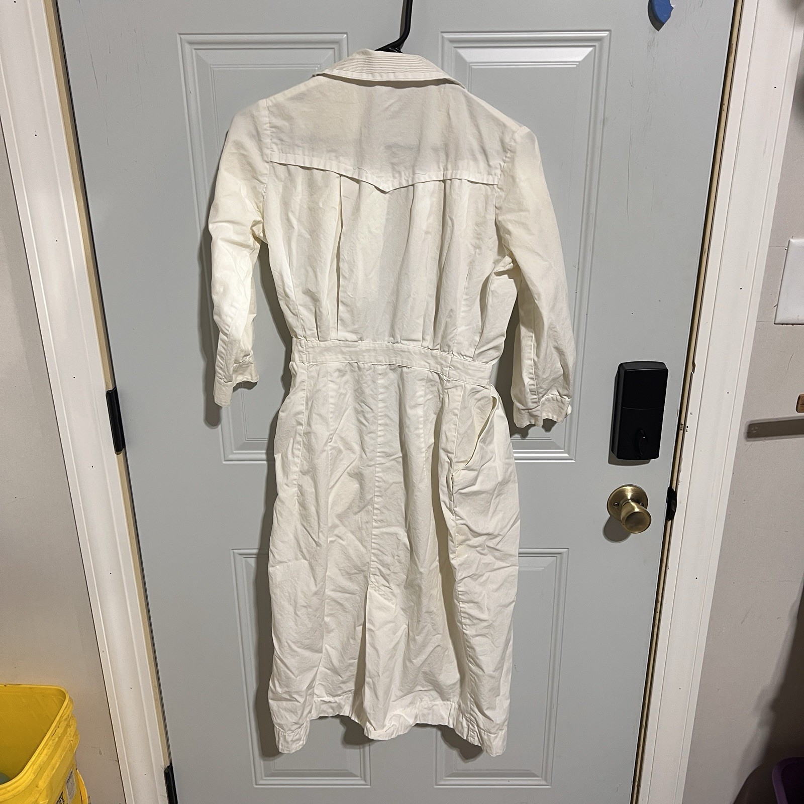Nurse Uniform White Button Snap Front Dress Thin Vtg 1960s Medium Small *SPOTS*