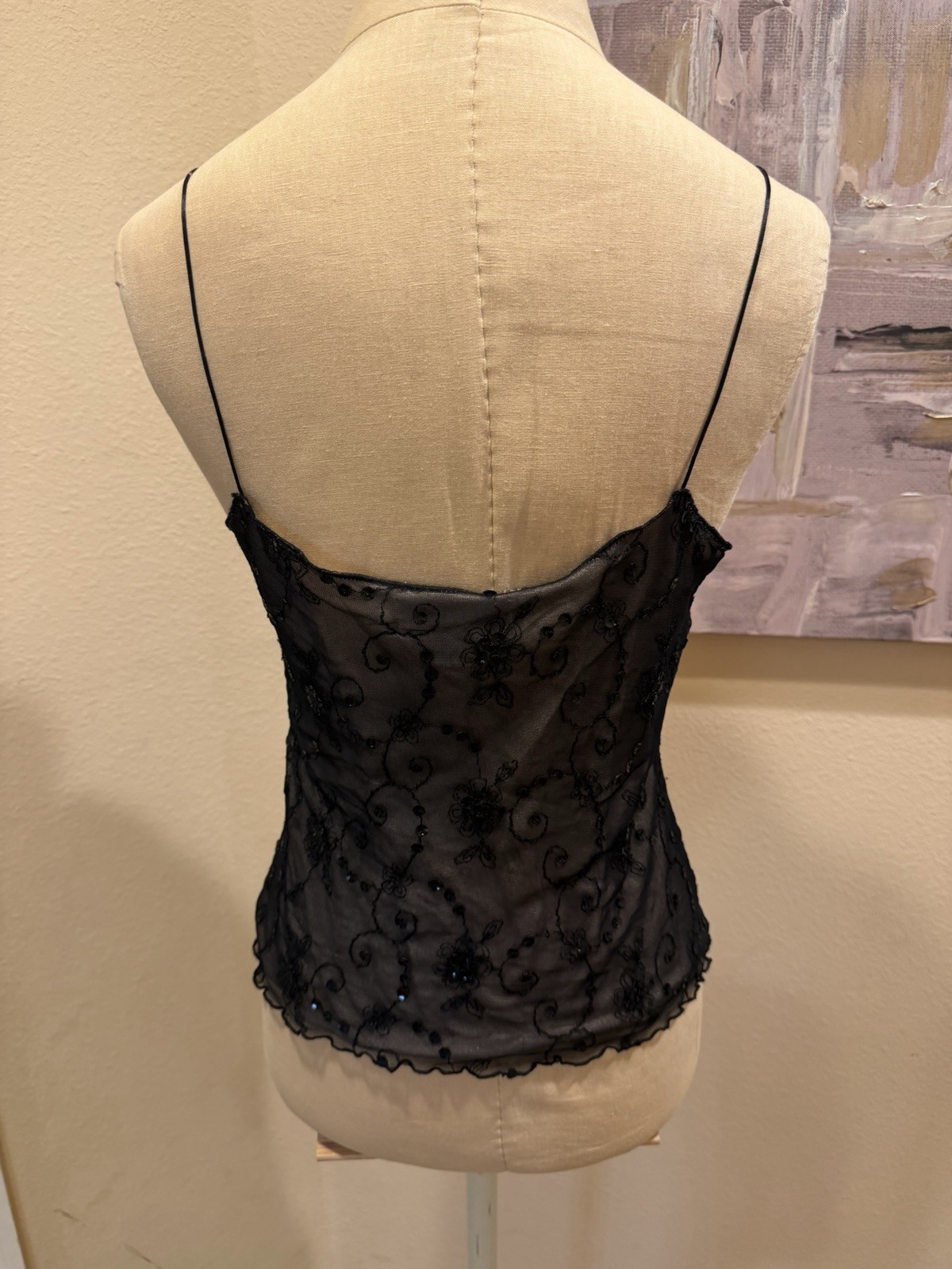 Vintage 90&rsquo;s Bebe Black Sheer Mesh Lined Sequin Floral Camisole Tank Top M