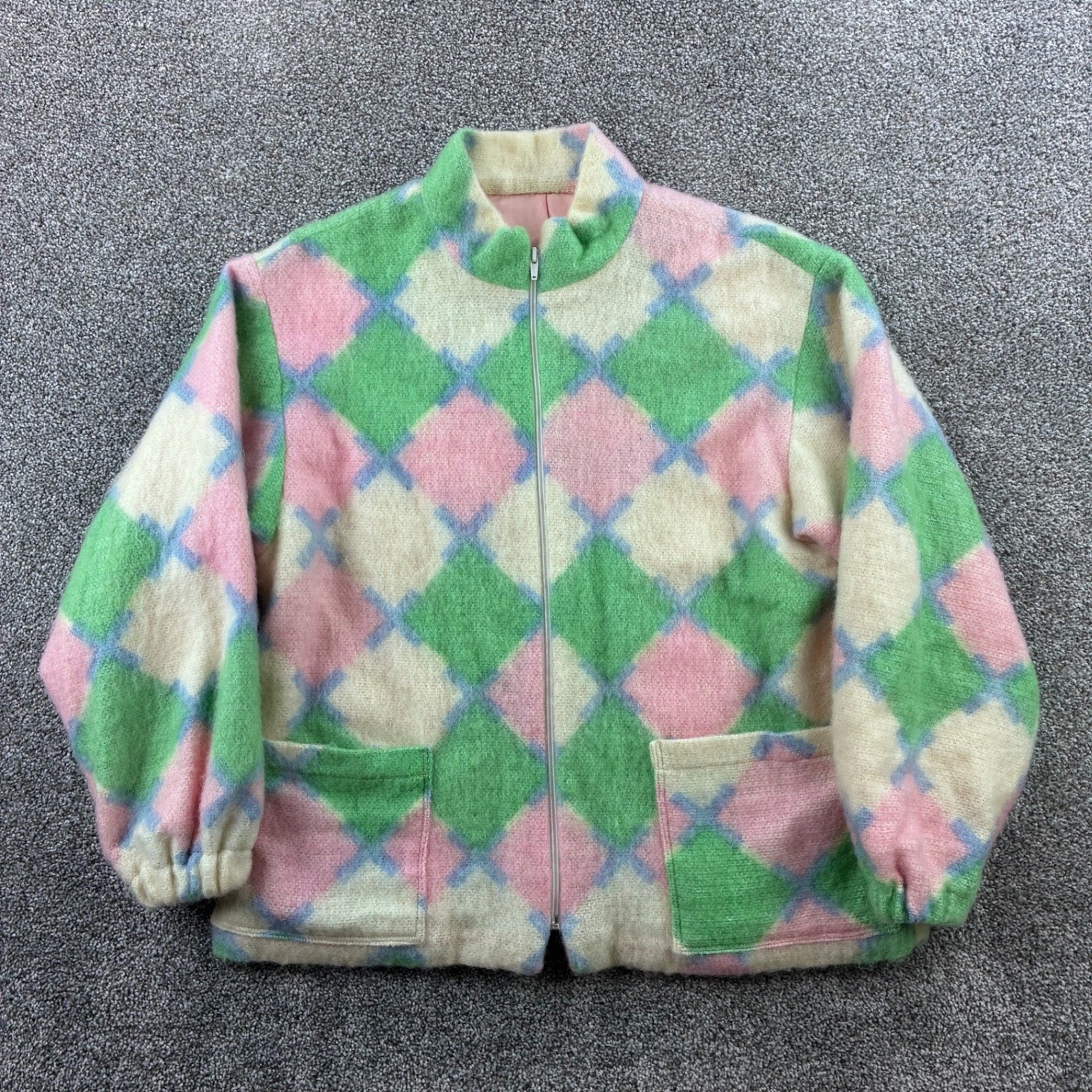 Vintage Mohair Wool Jacket Women&rsquo;s XL Pink Green Argyle Zip Up Pastel Talon Zip