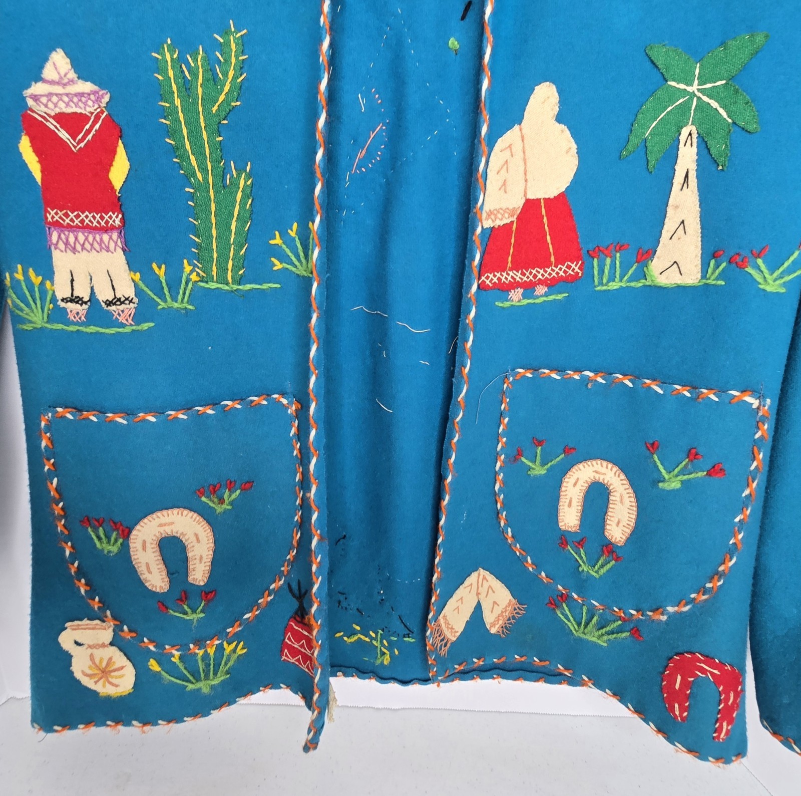 Vintage Mid-Century Lopez Mexican Wool Embroidered Souvenir Jacket – Teal As-Is