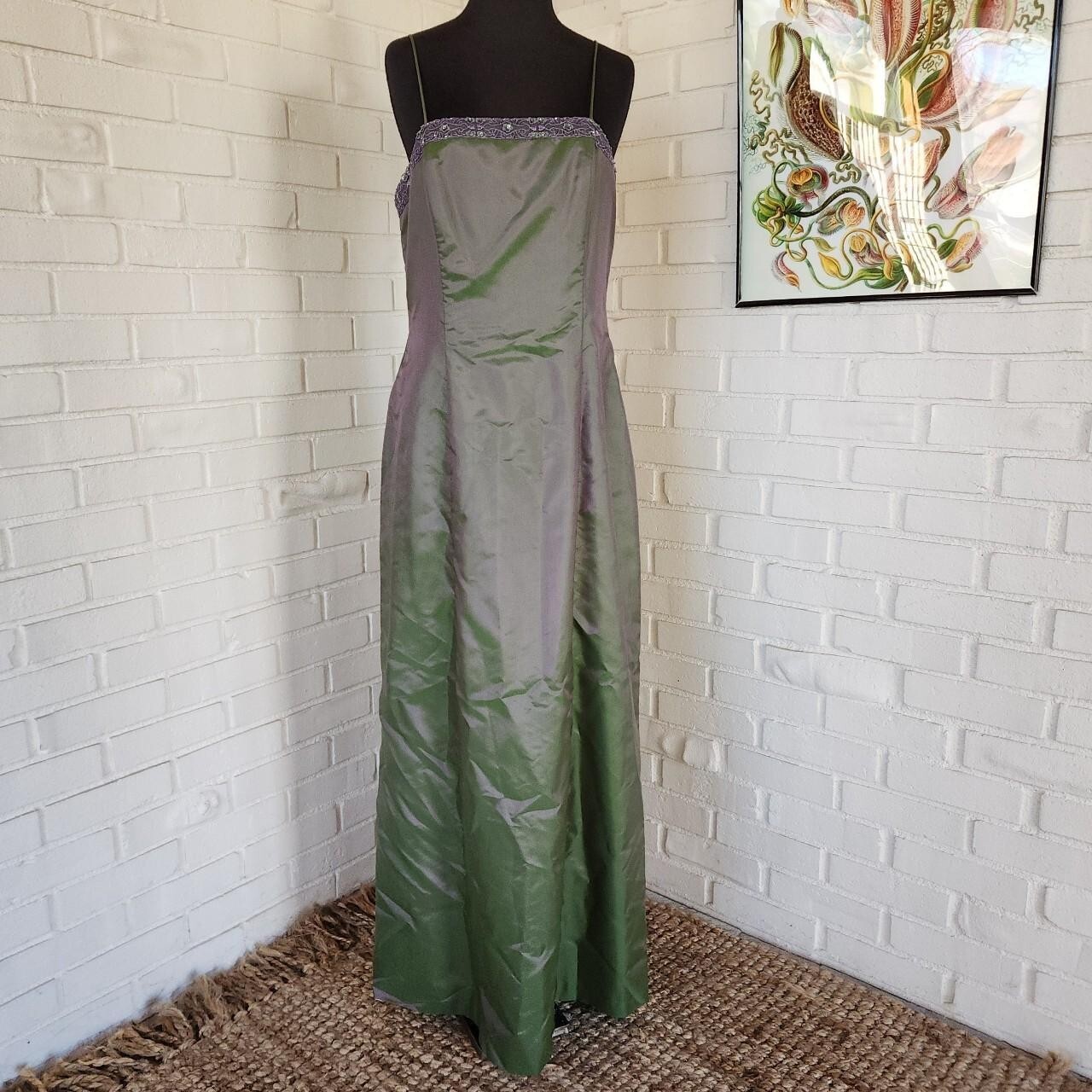 Vtg 90s Prom Dress iridescent Green Purple beaded front Alex Evenings