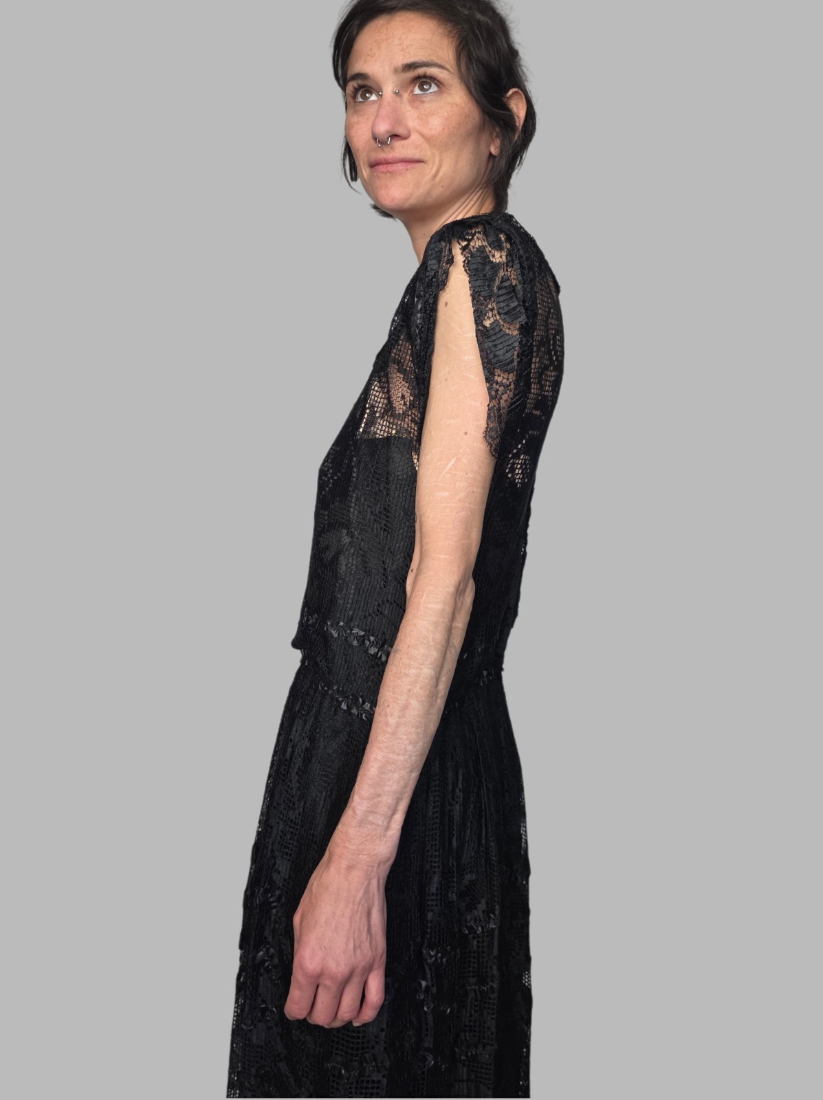 Authentic Edwardian Black Silk Lace Dress | Antique 1910s Drop Waist Gown | Hip