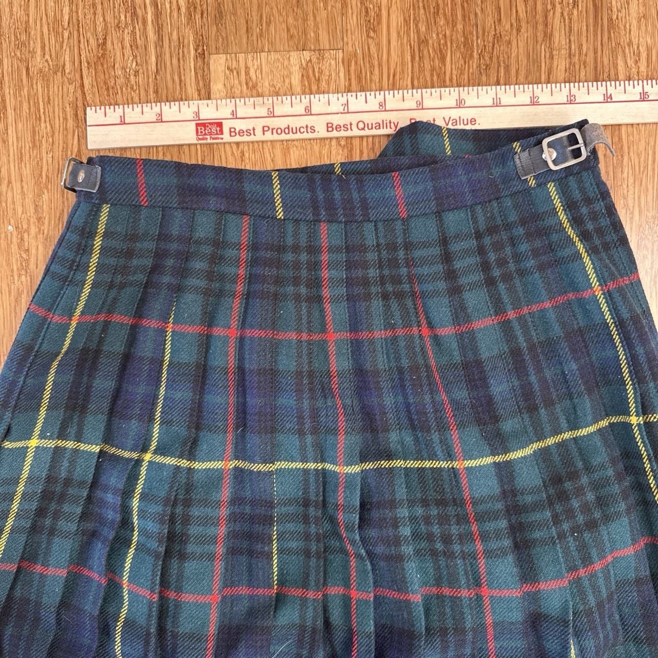 Vintage 100% wool brendella Green, red, and yellow plaid pleated midi skirt