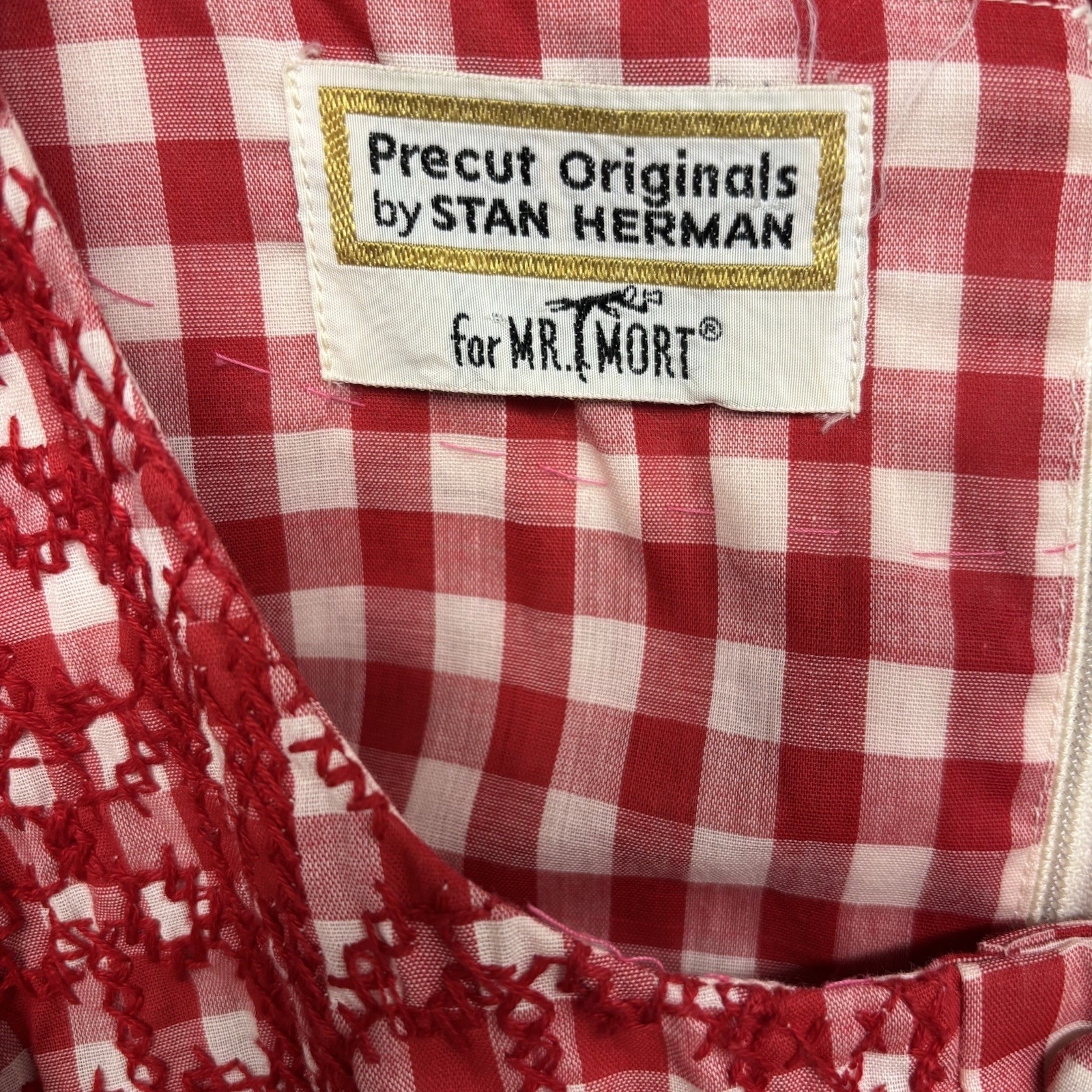Vtg 60s Mr Mort Stan Herman Precut Originals Gingham Smocked Mini Dress Red XS S