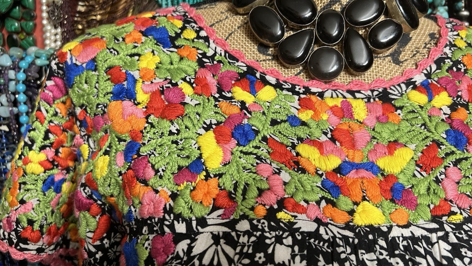 Beautiful “Sister Mary” Black And White Multi Floral Color Embroidery Oaxacan ML