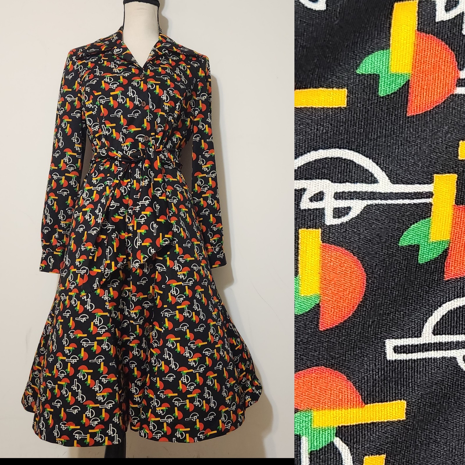 Vintage 70s Dagger Collar Fit N Flare Novelty Print Op Art Dress