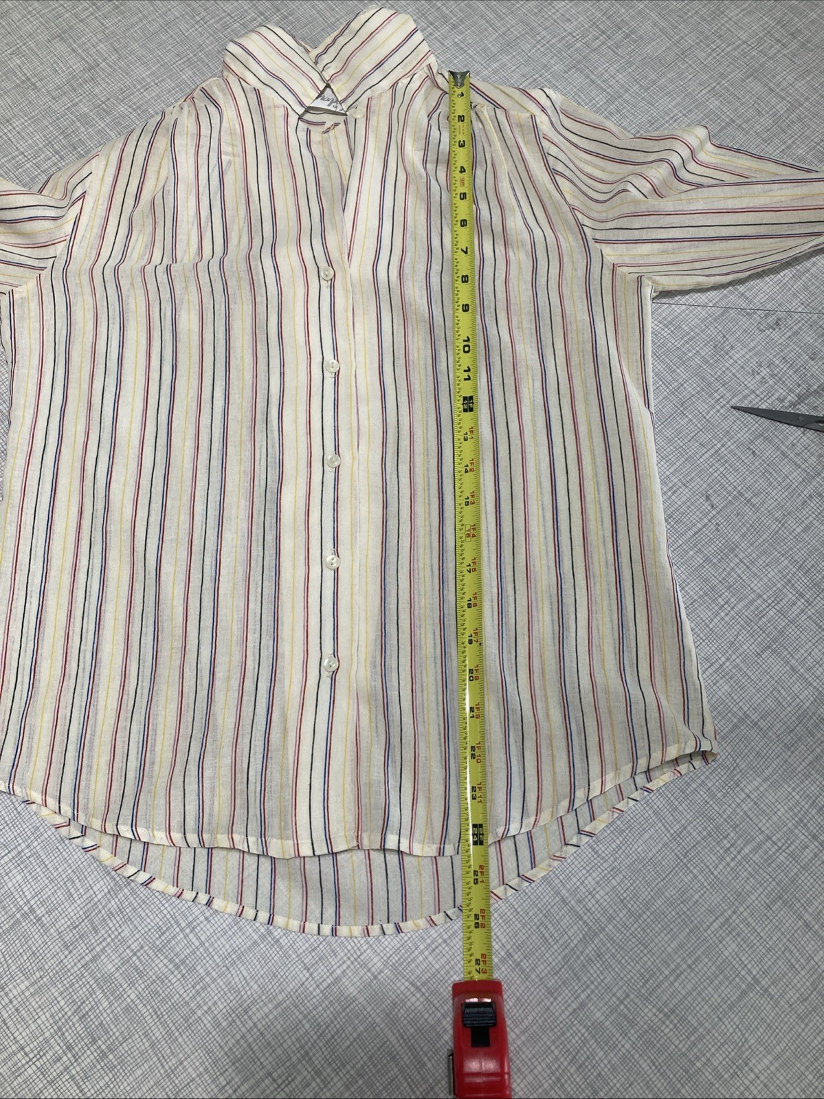 Vtg 70s SHAPELY Striped Blouse Sheer Dagger Collar Secretary Mod Disco Top Sz 12