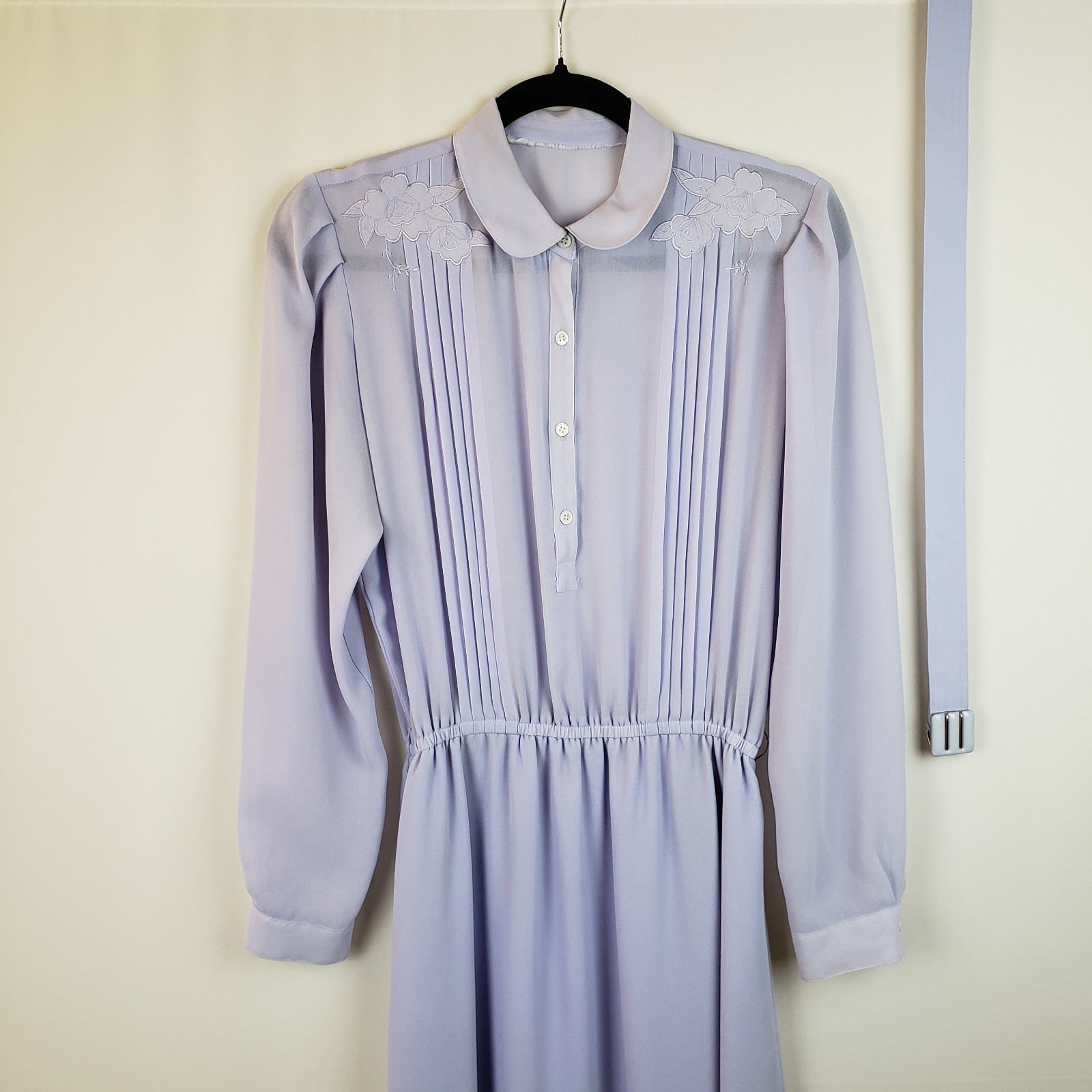 VTG 80s Dress S Chiffon Lilac Button Up Pleated Sheer Top Church Lady Secretary