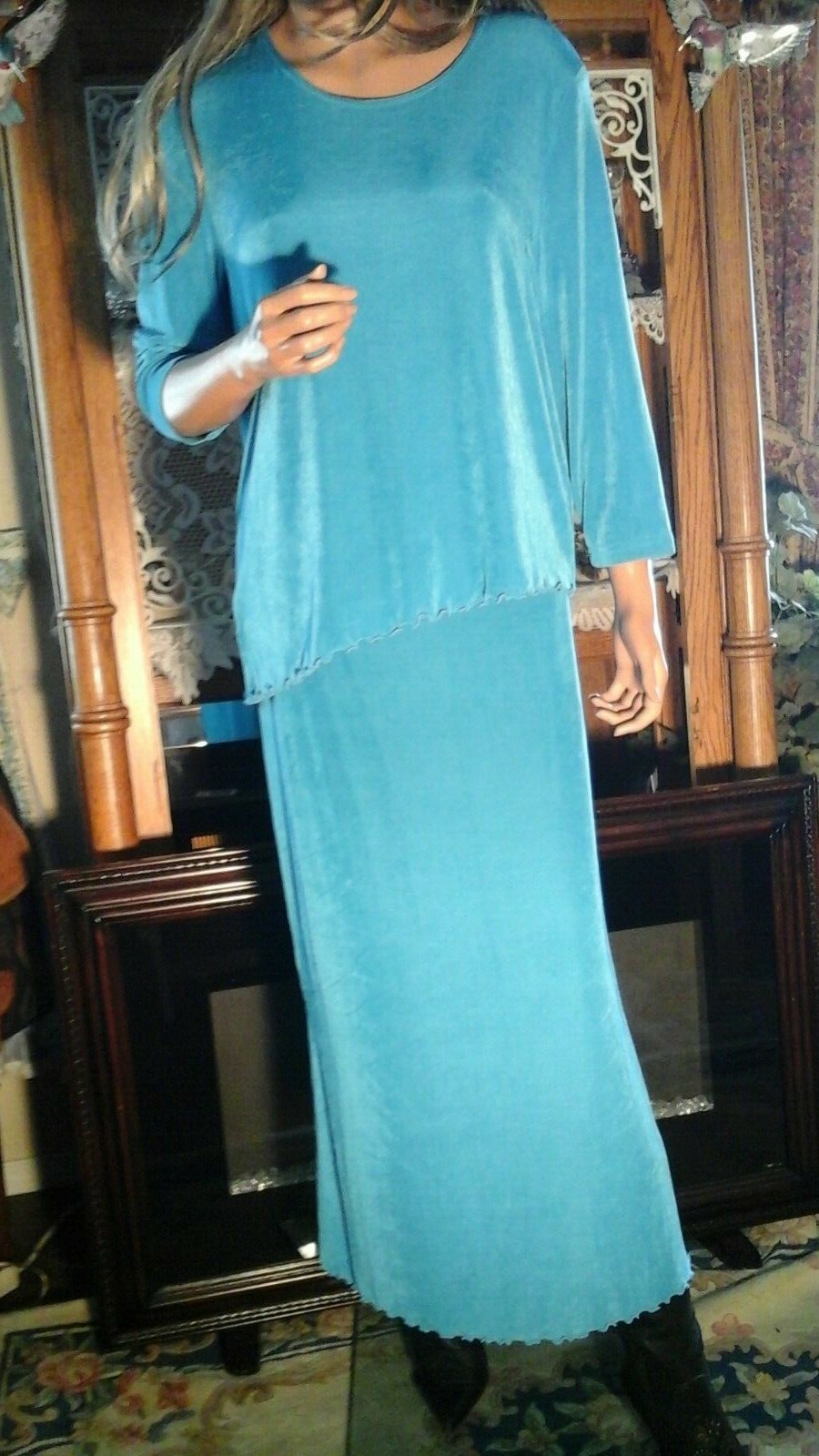 VTG AMANDA TURQUOISE SLINKY ACETATE SPANDEX MAXI SKIRT & TOP SET SZ M L NICE !!
