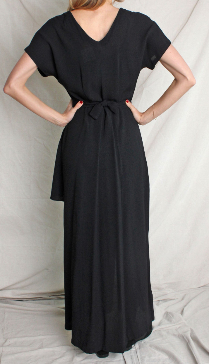 1940s veg sequin appliqué black rayon crepe peplum gown dress dries van noten