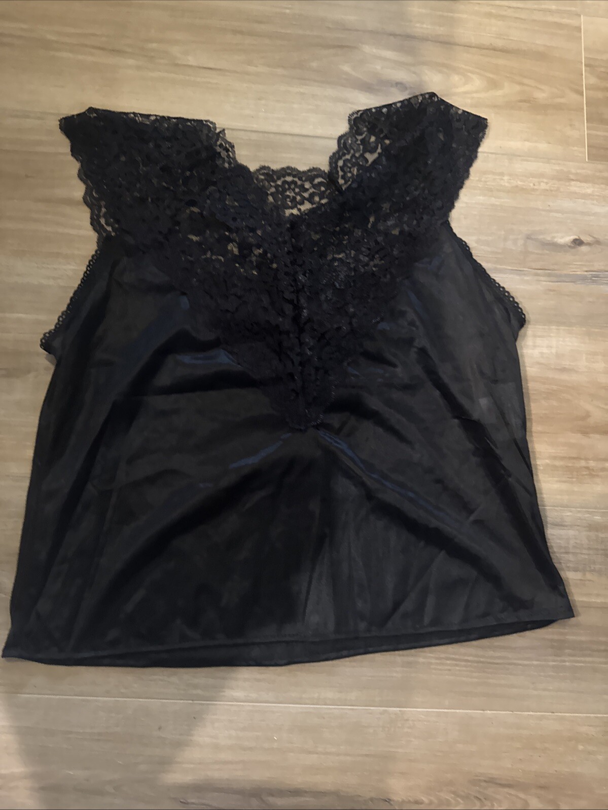 VINTAGE SLIP TOP CAMISOLE FULL FIGURE CAMI LINGERIE BLACK LACE TRIM USA L