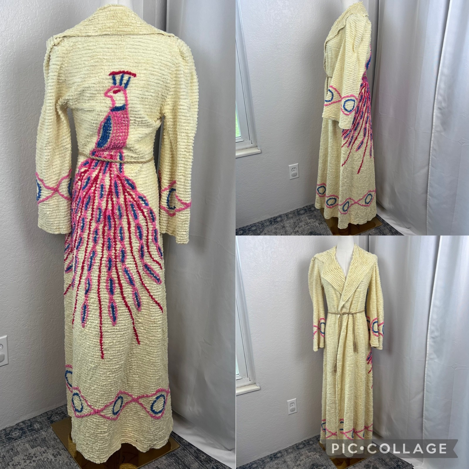 Vintage Peacock Chenille Bath Robe Long Yellow Housecoat Cottage 40s 50s READ