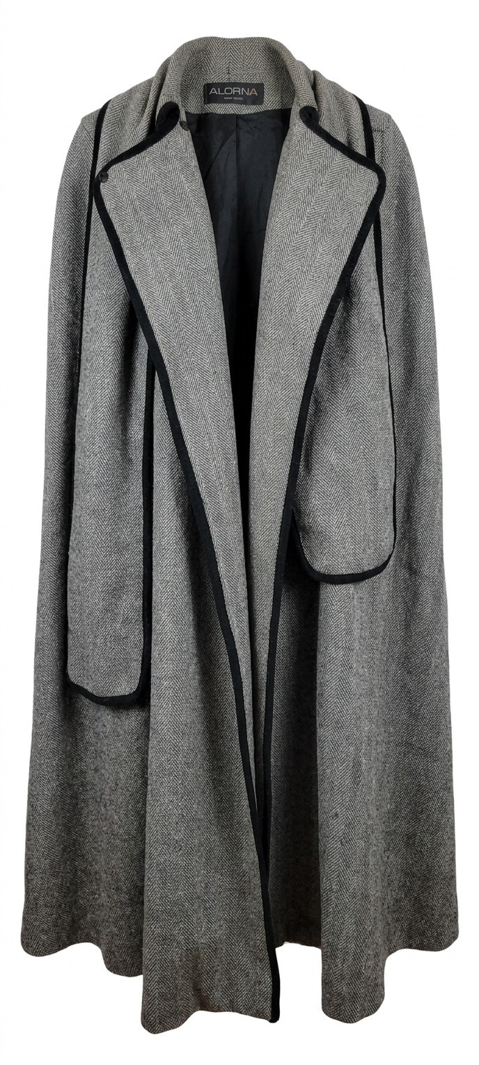 80s VTG Gray Herringbone 100% Wool Cape Cloak Coat Pockets Scarf One Size USA