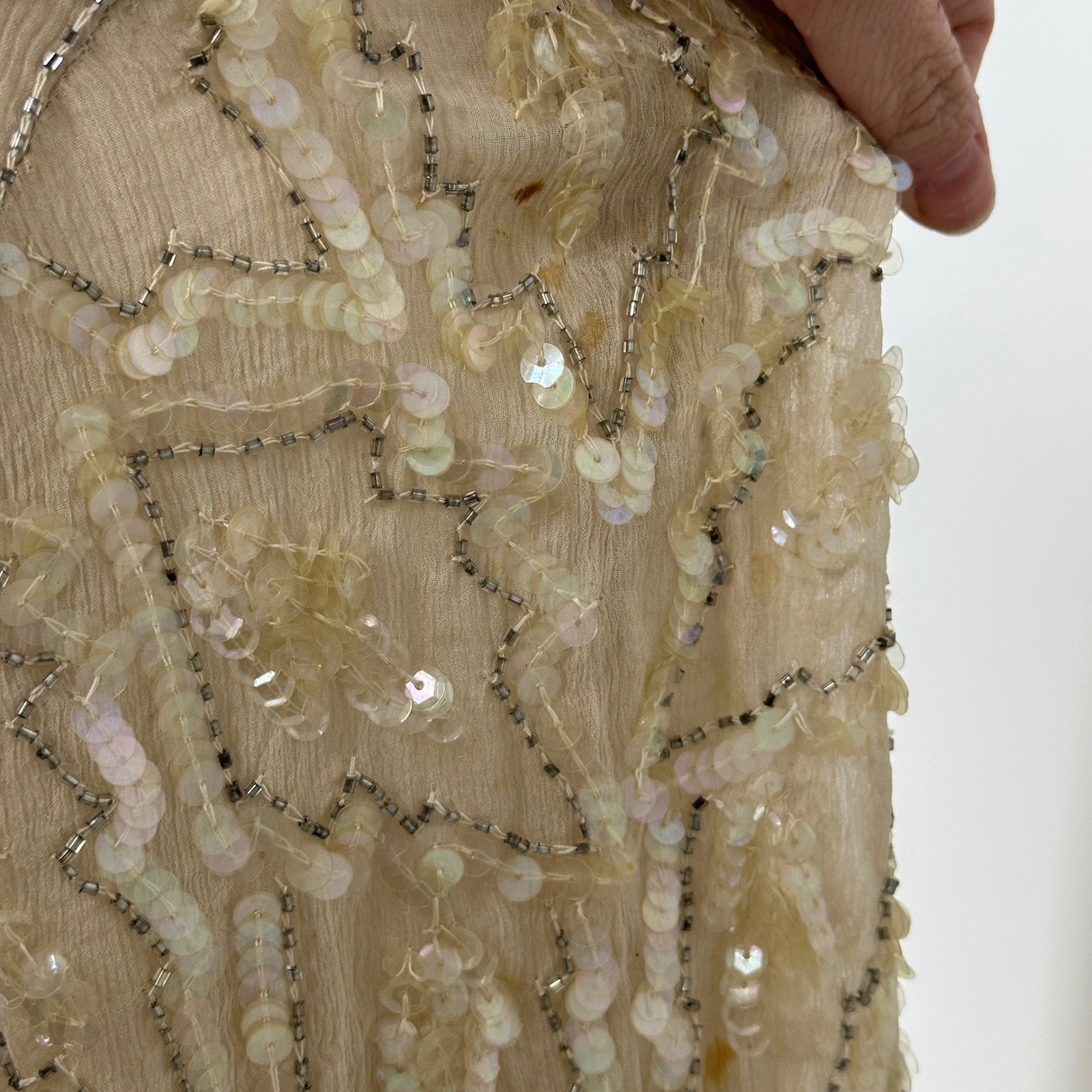 Vintage Whimsy Flapper Art Deco Swee Lo Champagne Silk Beaded Sequin Dress READ