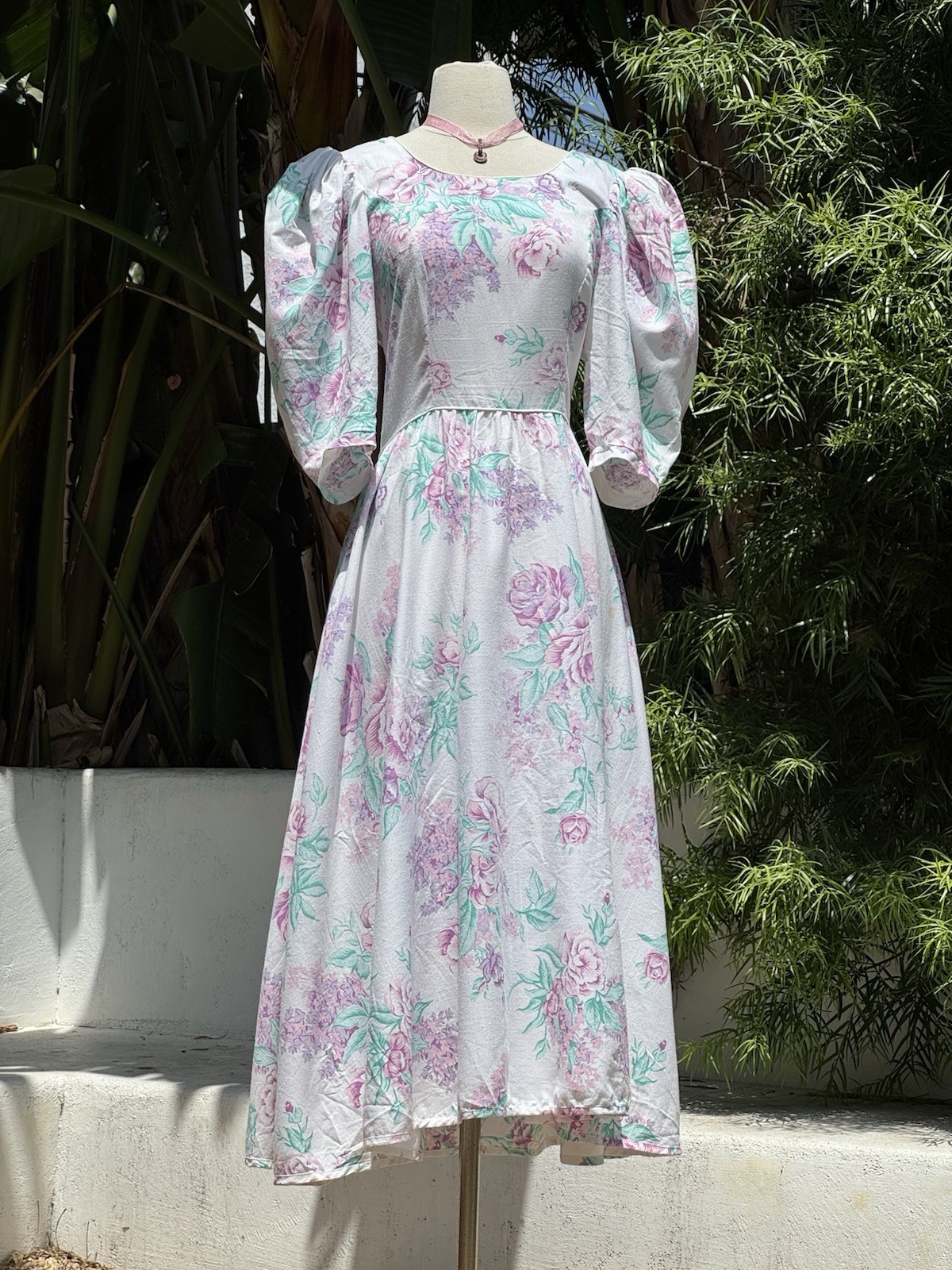 Vintage 1980s Tea Dress Floral Puff Sleeve Dress Large