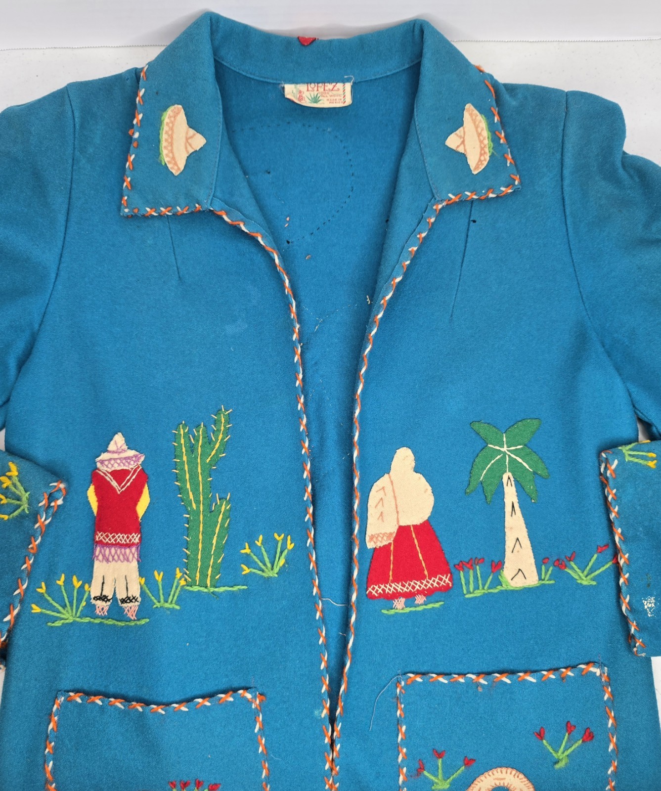 Vintage Mid-Century Lopez Mexican Wool Embroidered Souvenir Jacket – Teal As-Is
