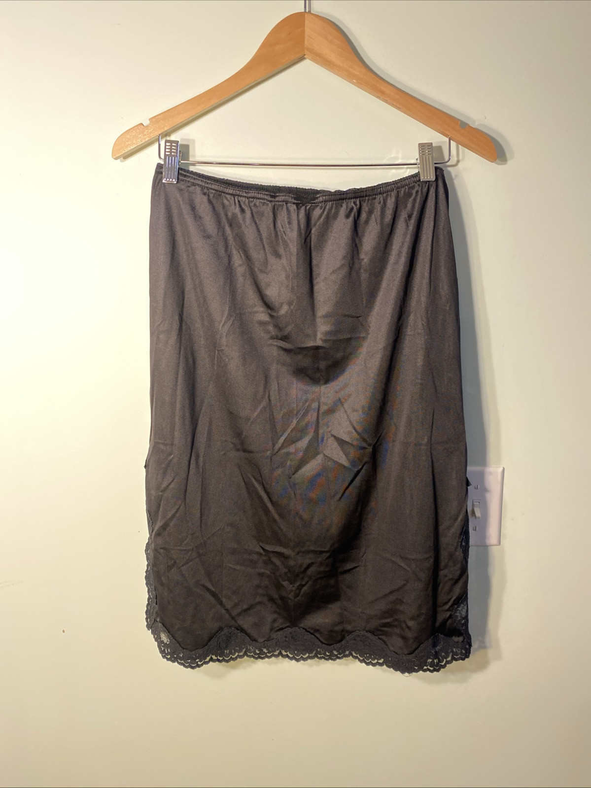 Vintage Melody Half Slip Skirt Size Lg Black Nylon Two Lace Side Slits USA